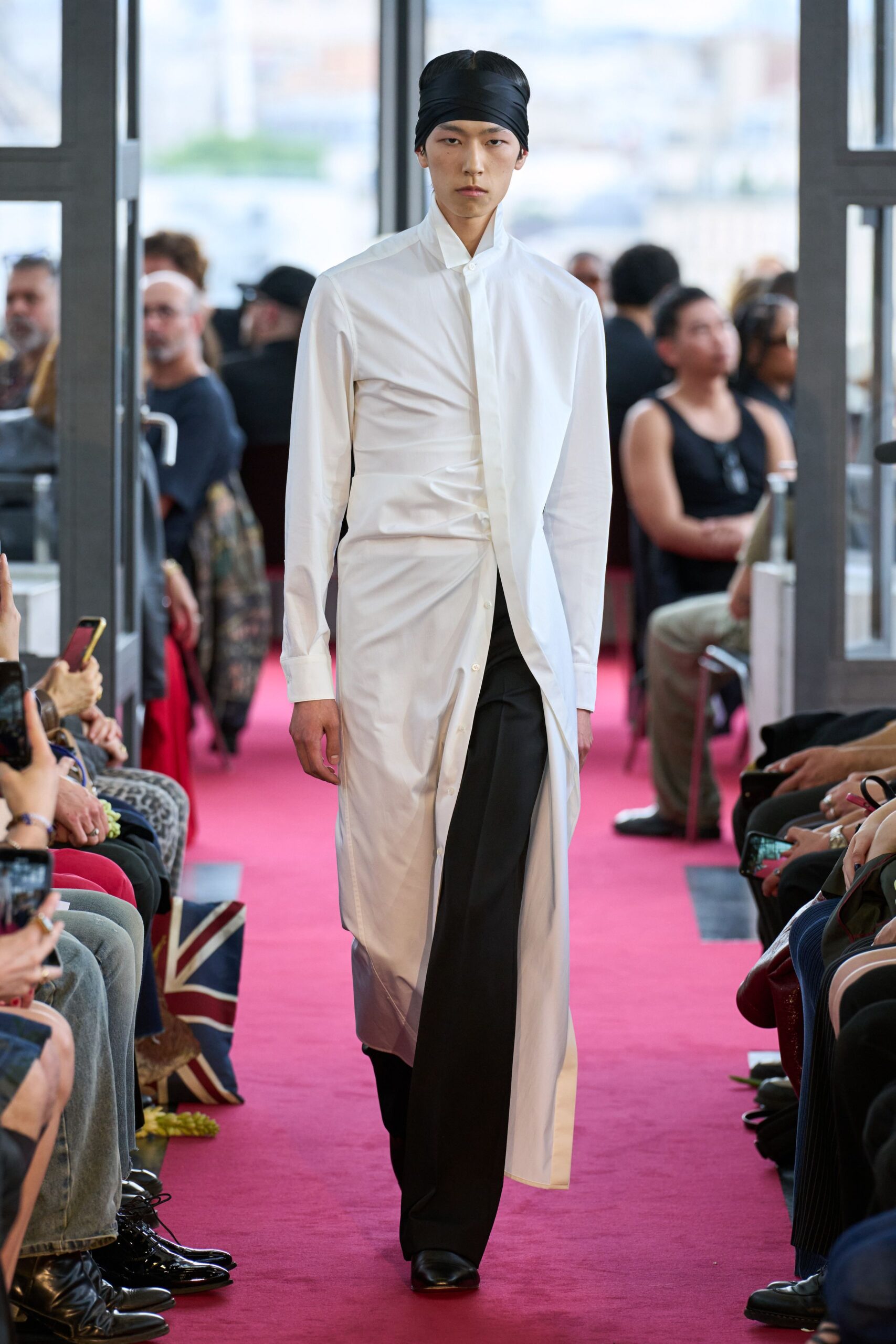 white cotton long-sleeve collared fitted buttoned draped shirt-dress