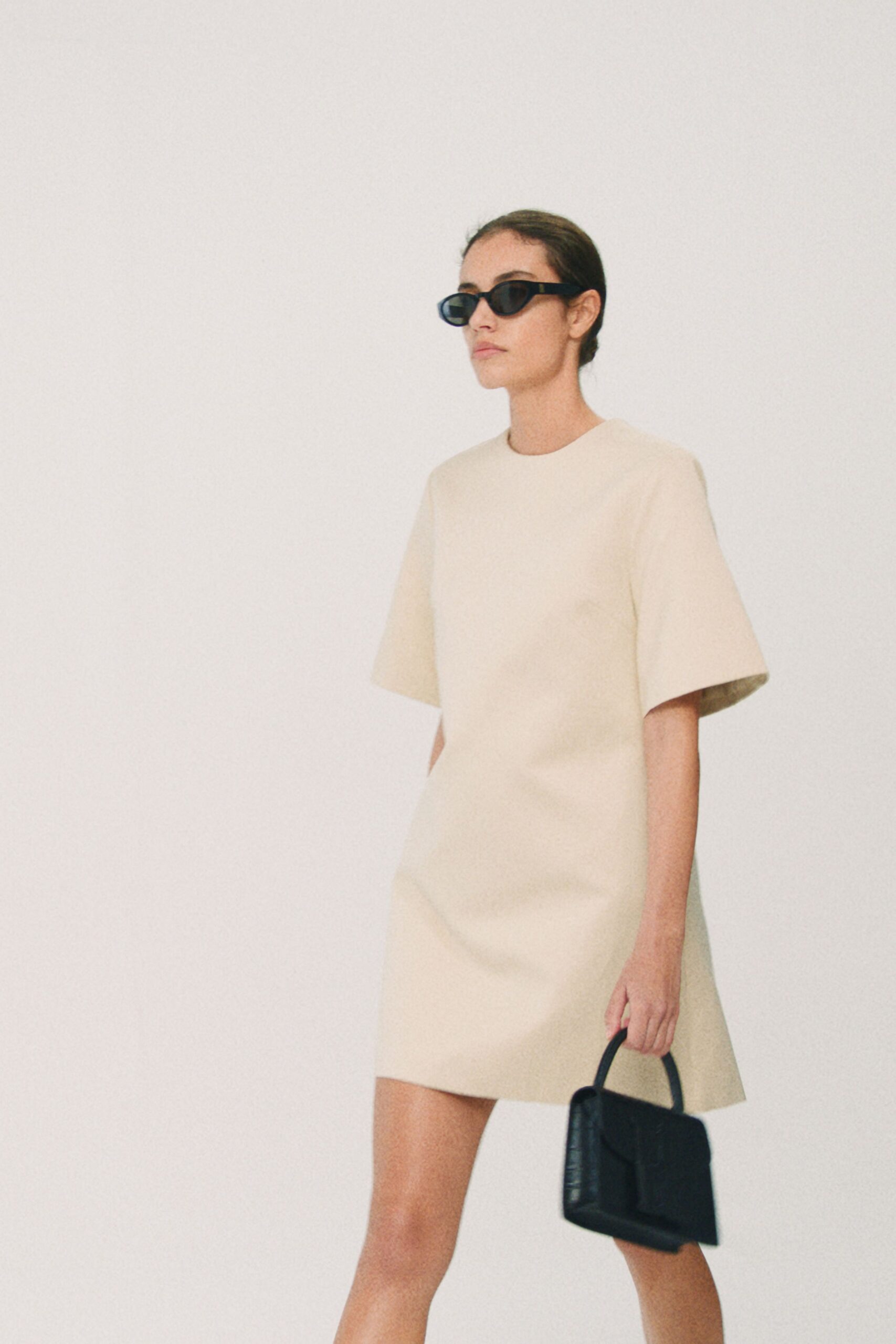 beige cotton short-sleeve collared relaxed straight-leg short dress