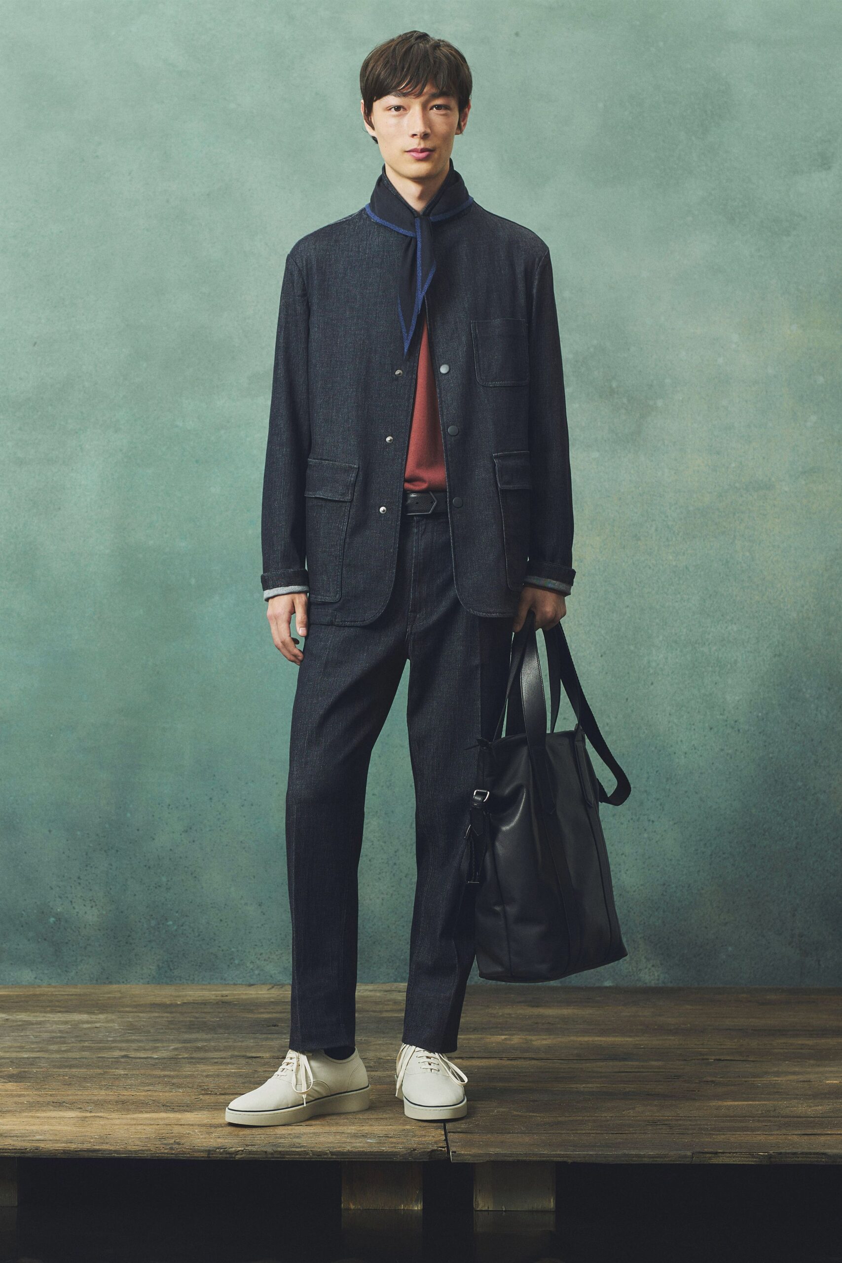 blue denim long-sleeve collared structured buttoned jacket