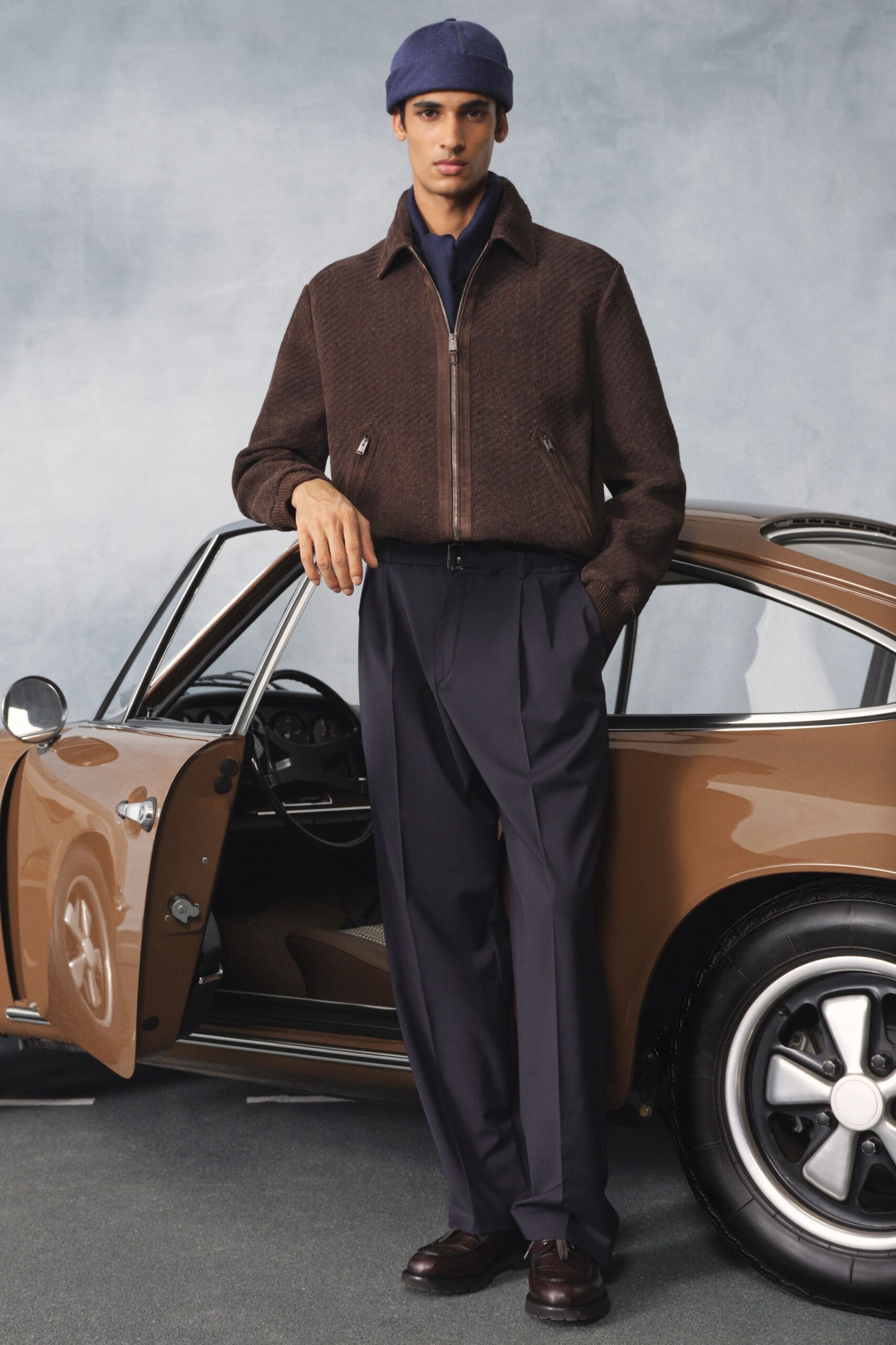 brown wool collared long-sleeve structured zippered pockets jacket