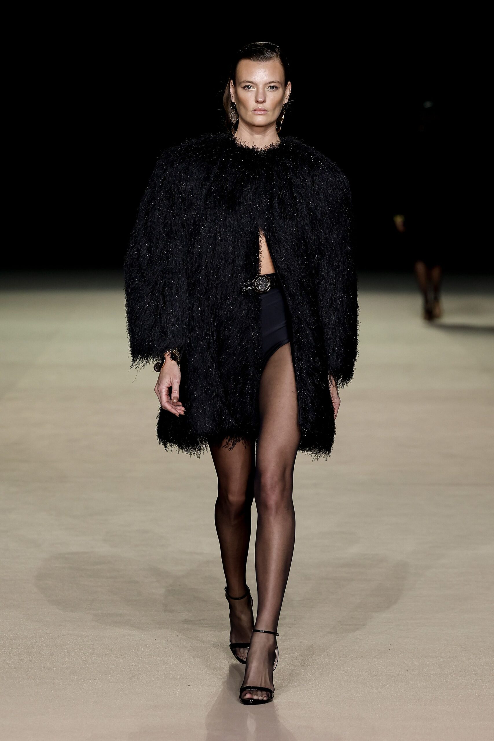 black fur coat with shorts
