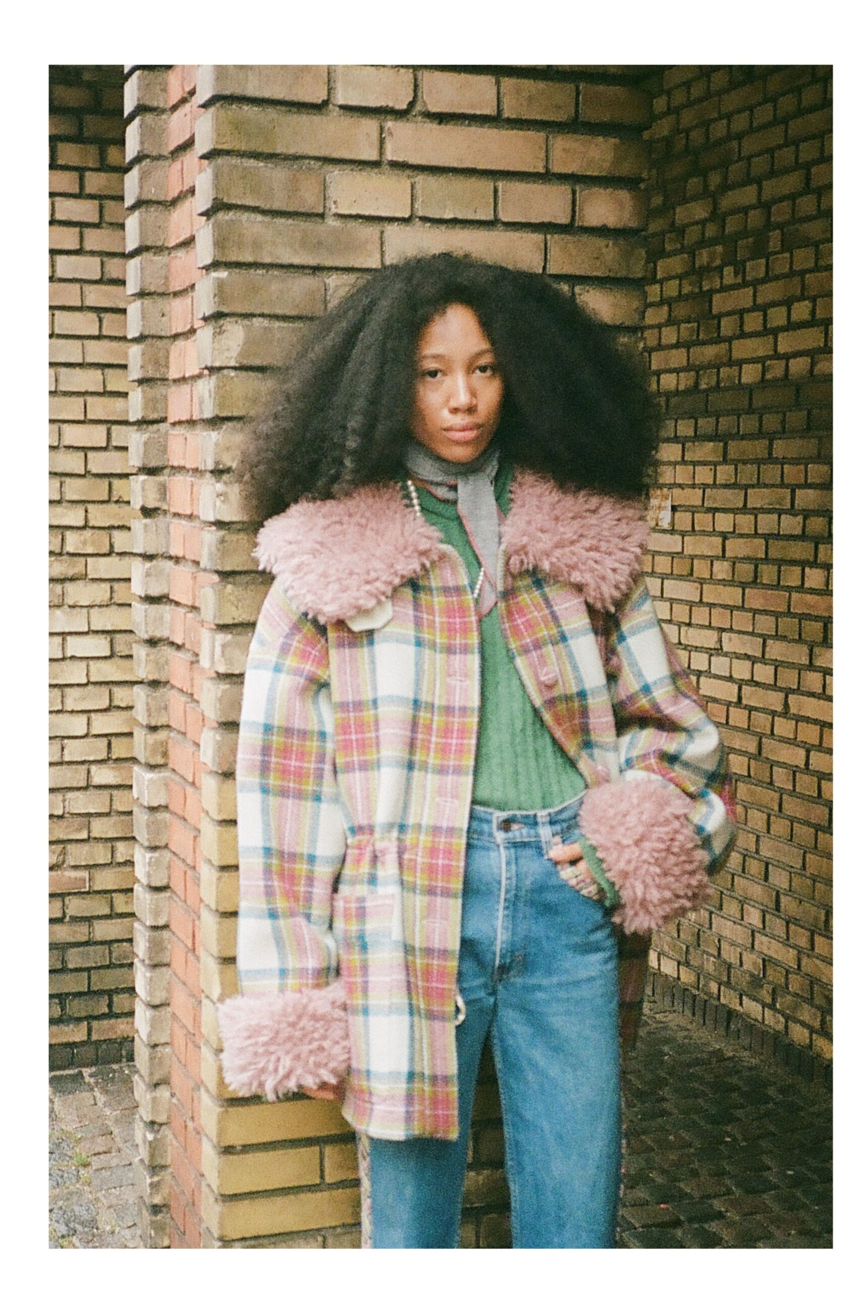 multi-colored plaid coat with green top