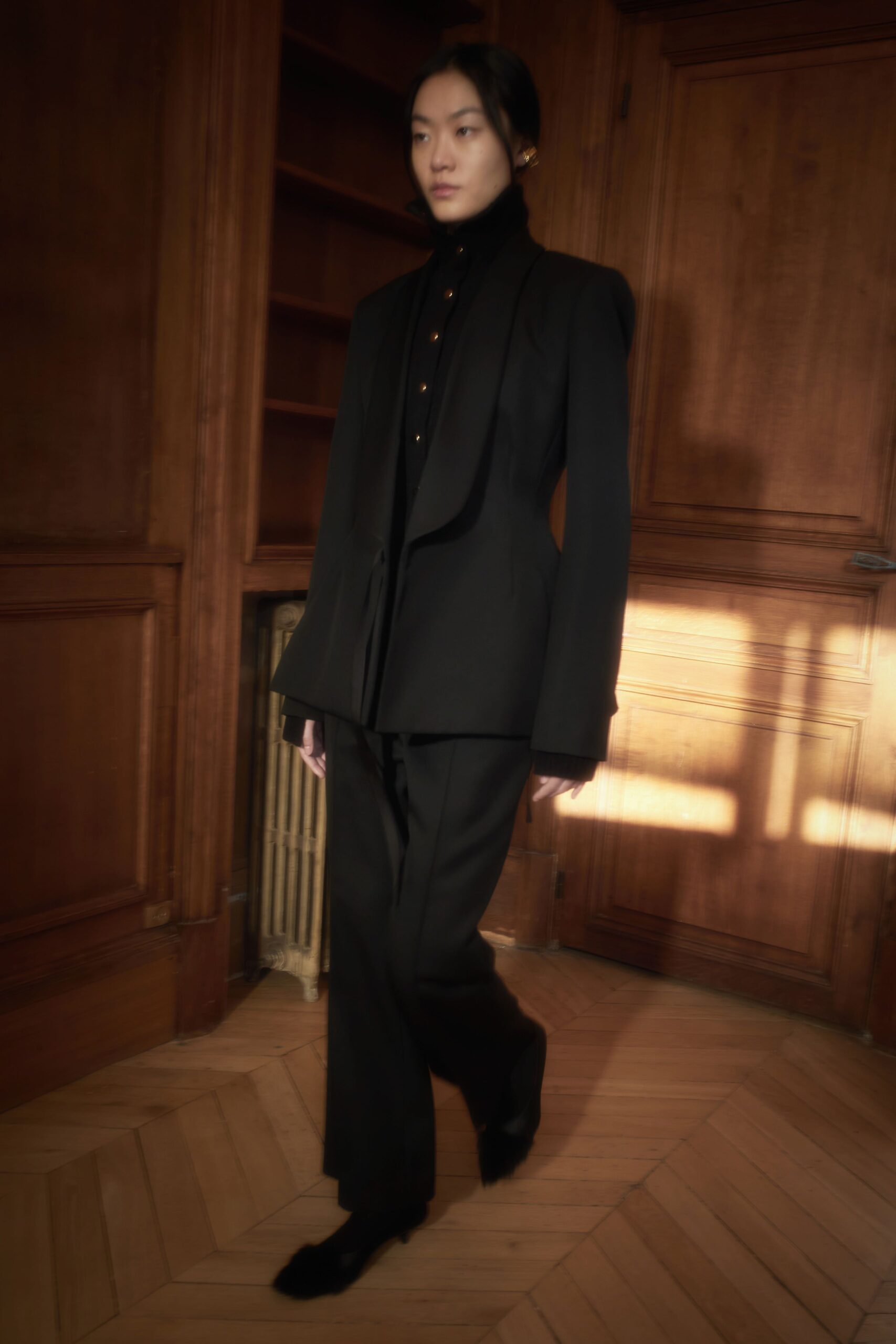 black structured blazer and tailored pants