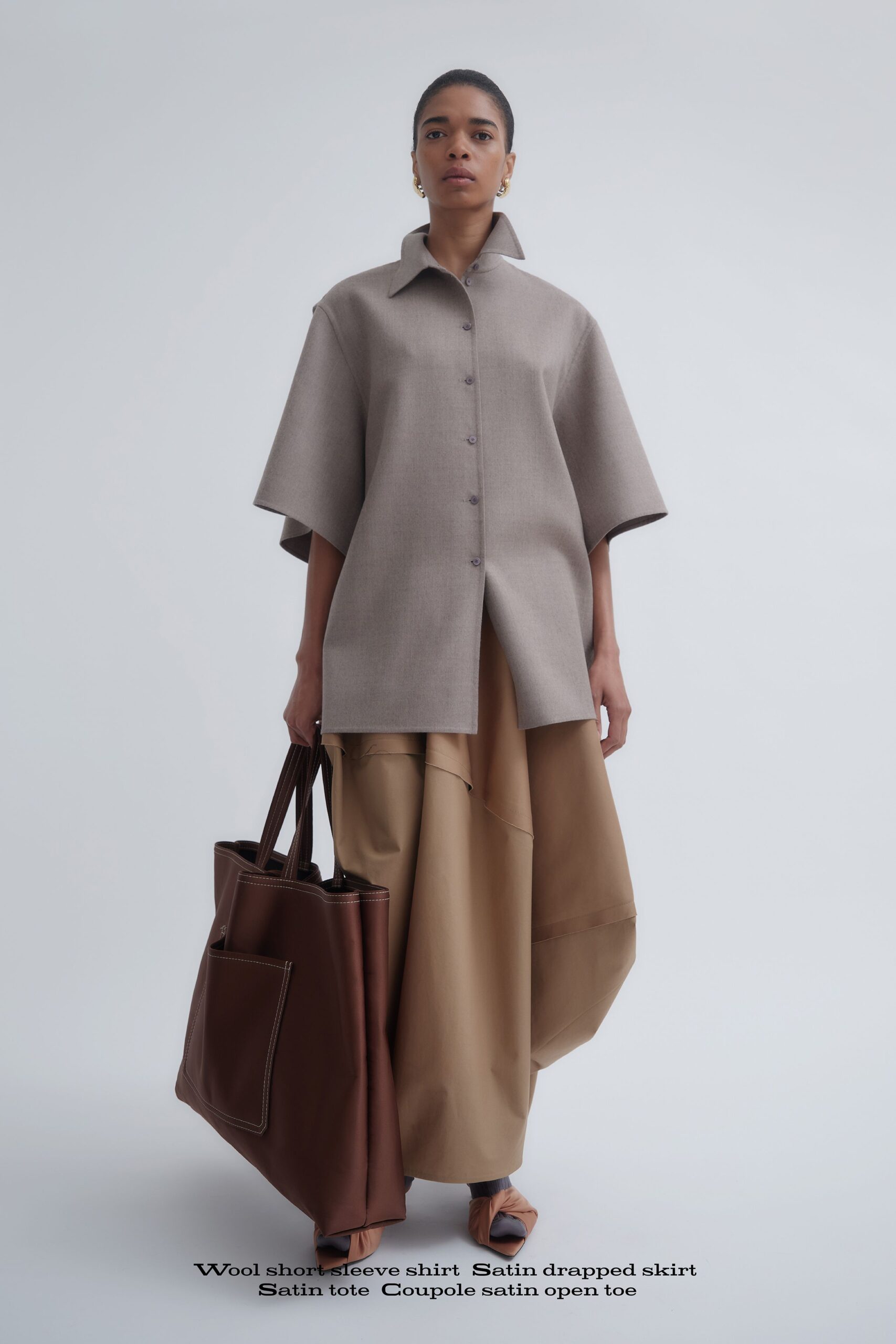 brown satin fitted draped skirt
