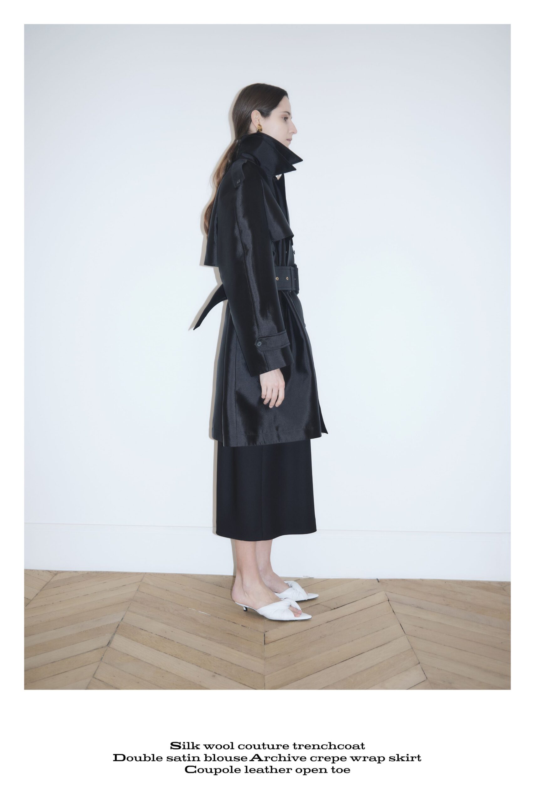 black silk long-sleeve collared fitted belted trench