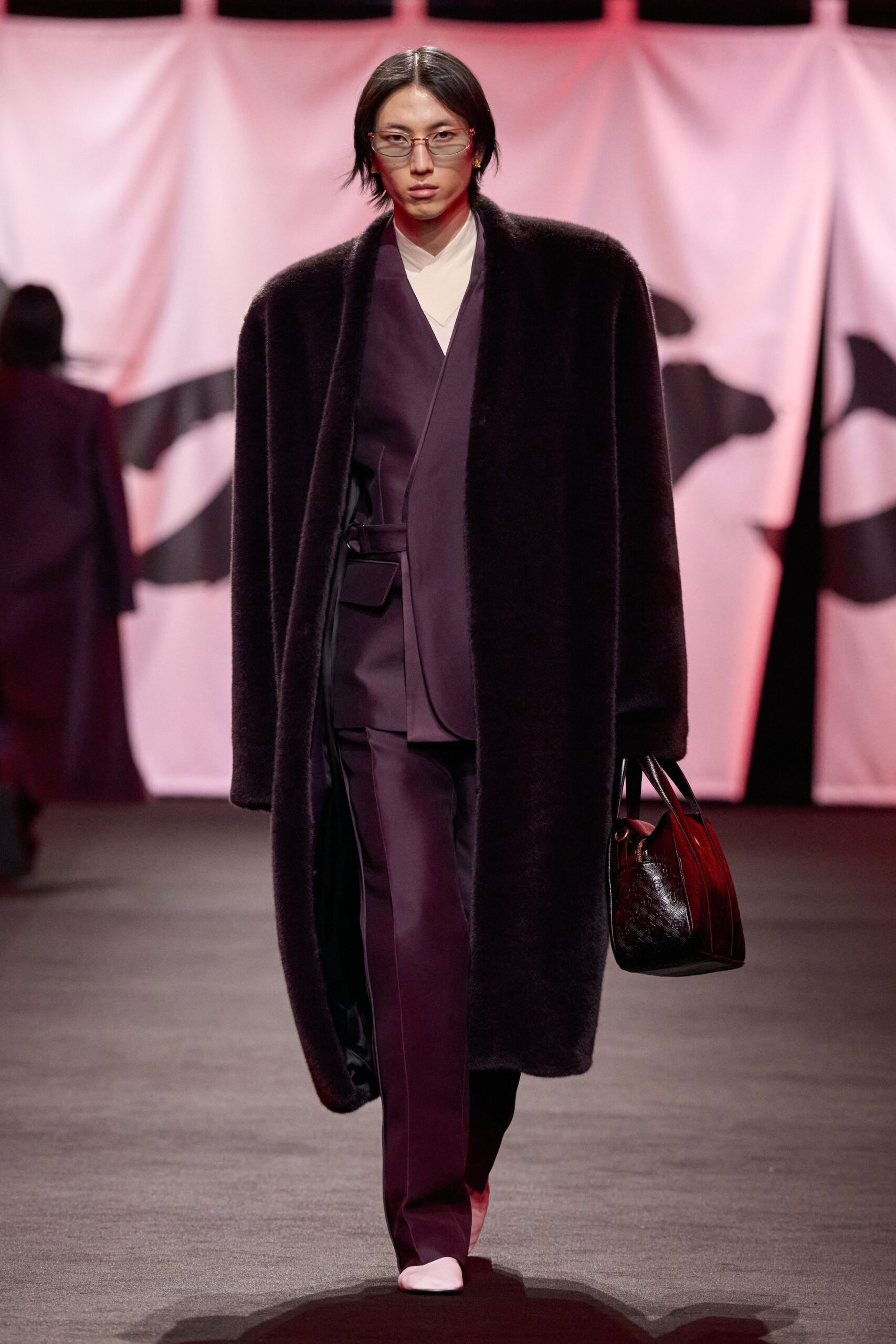 black oversized coat with purple suit
