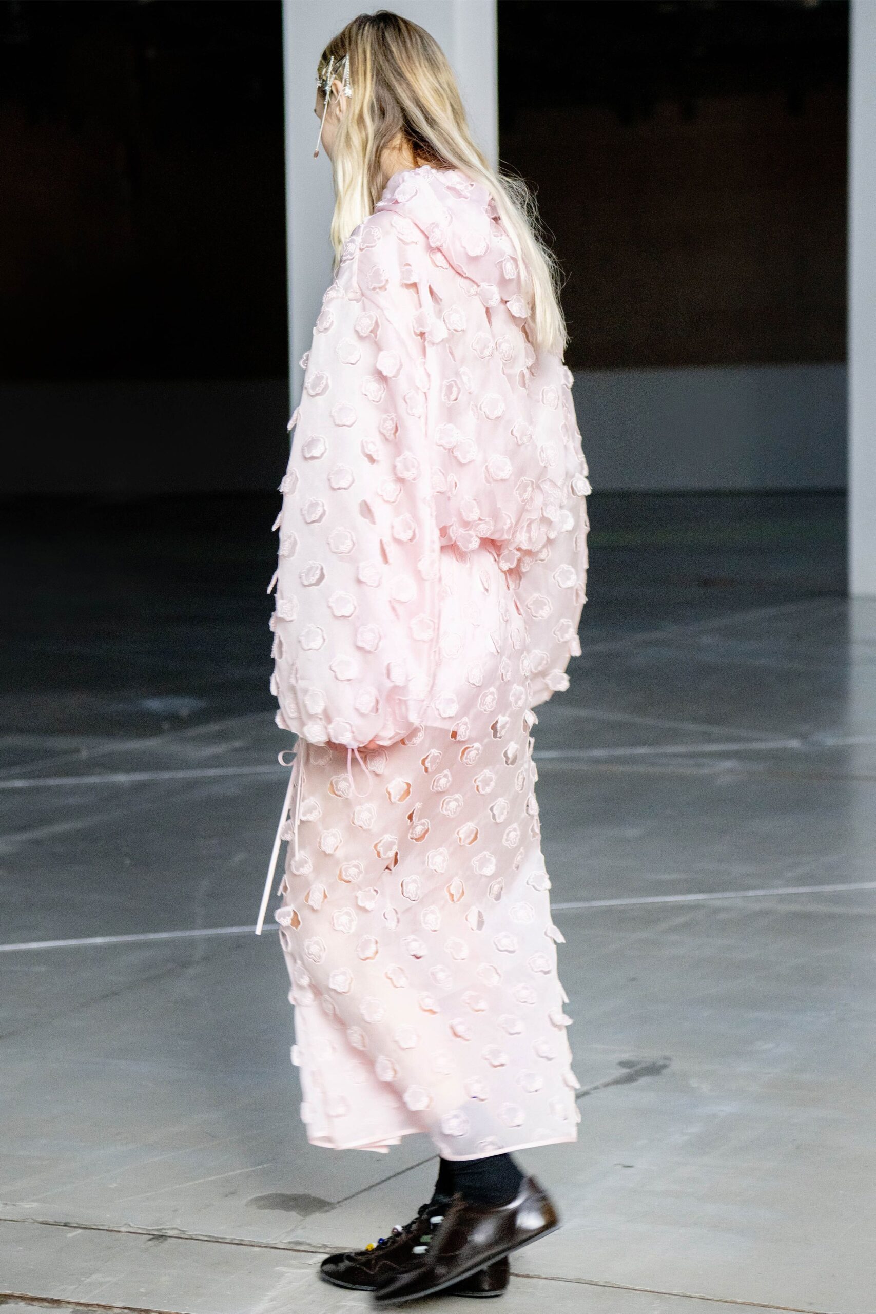 pink silk long-sleeve hooded relaxed draped layered coat