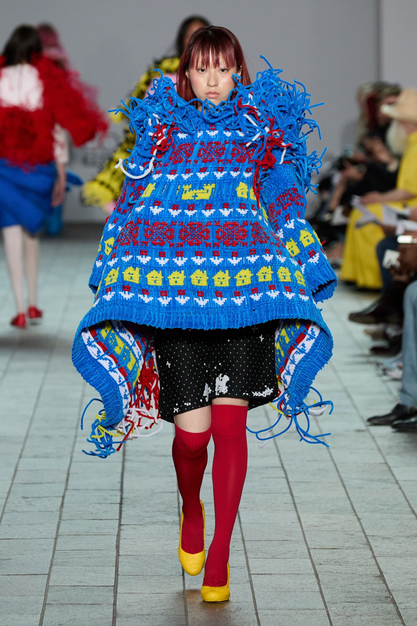 blue cotton oversized fringed poncho