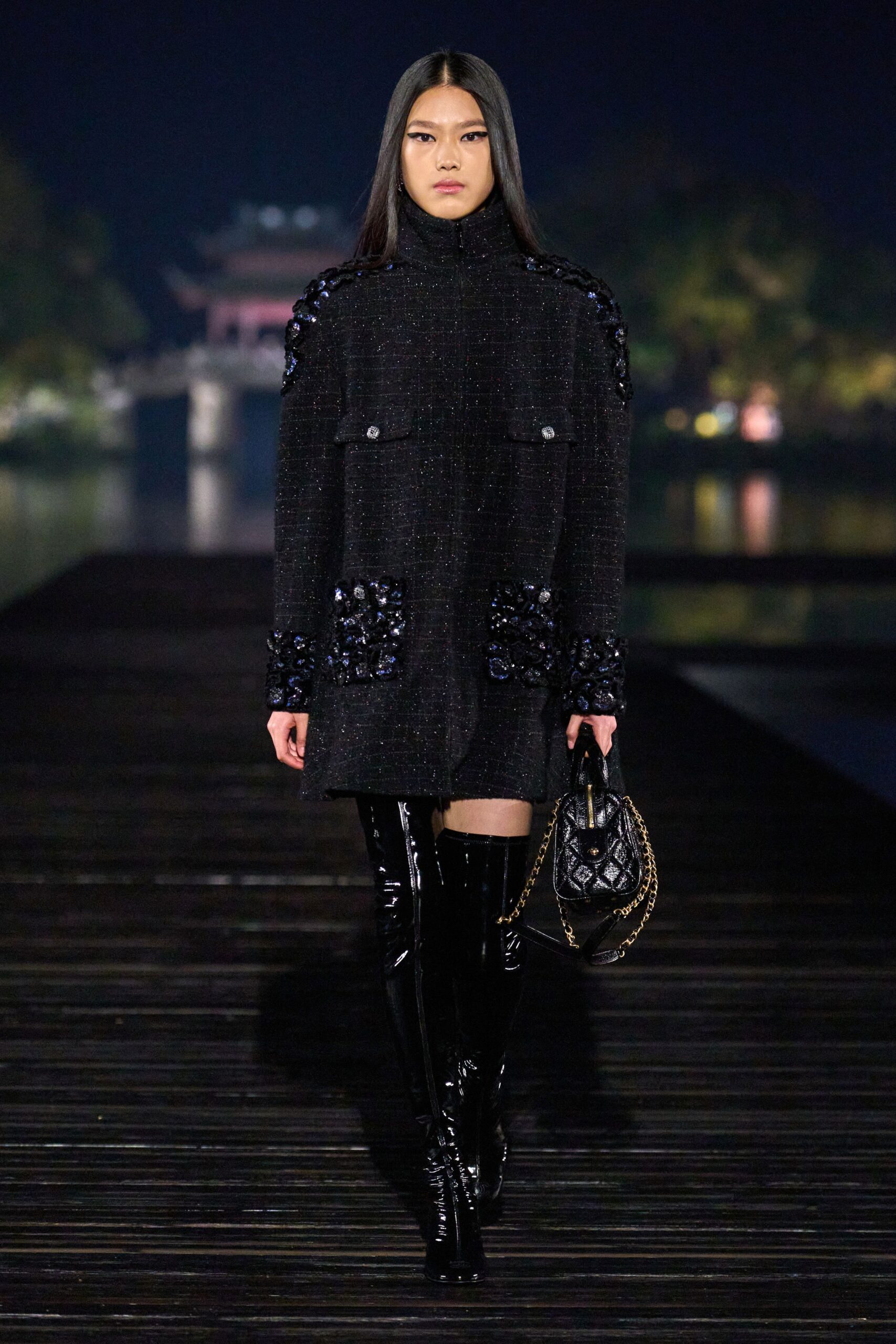 black tweed fitted coat with boots