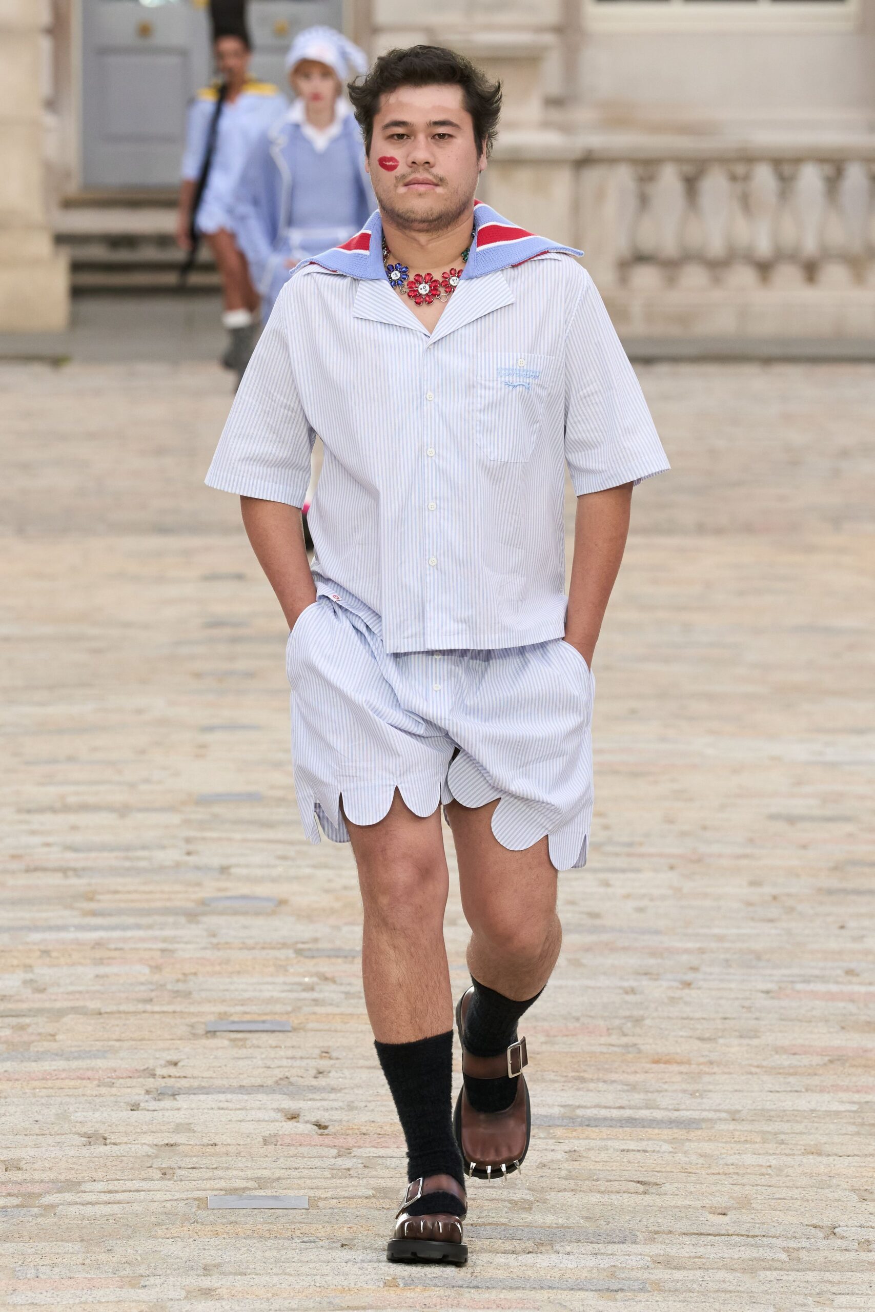 blue and white striped shirt with shorts