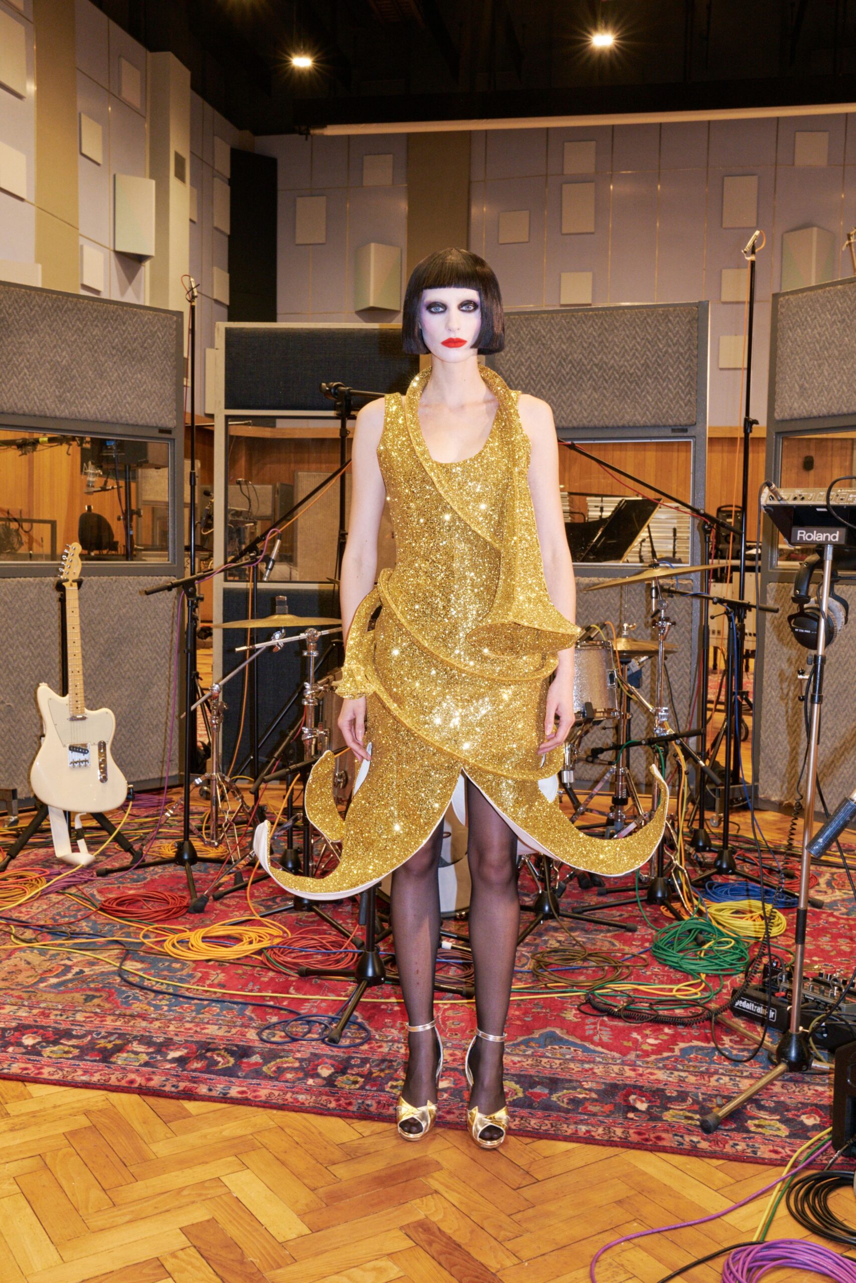 gold sequin sleeveless high-neck fitted draped layered dress