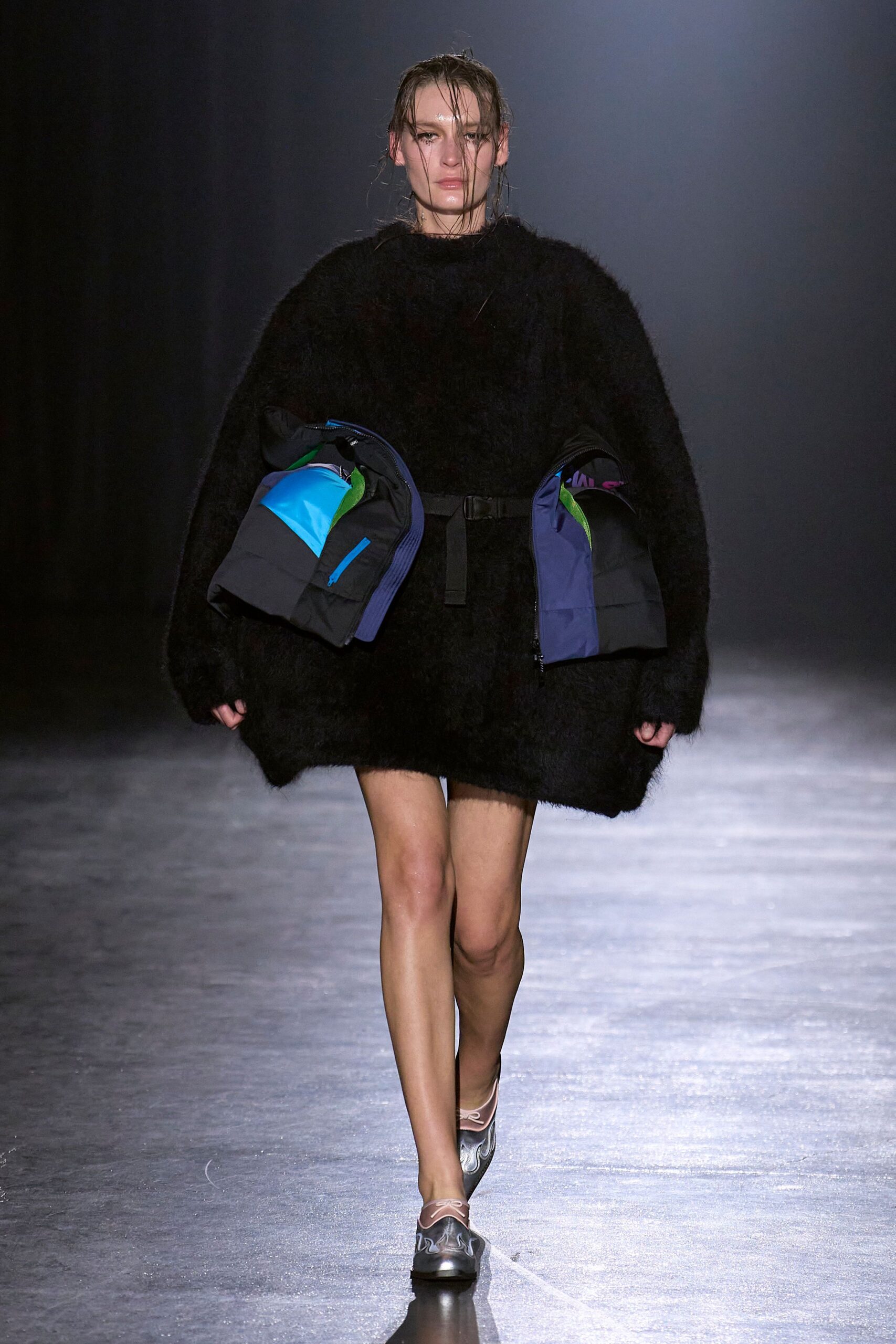 black wool long-sleeve high-neck oversized layered mini dress