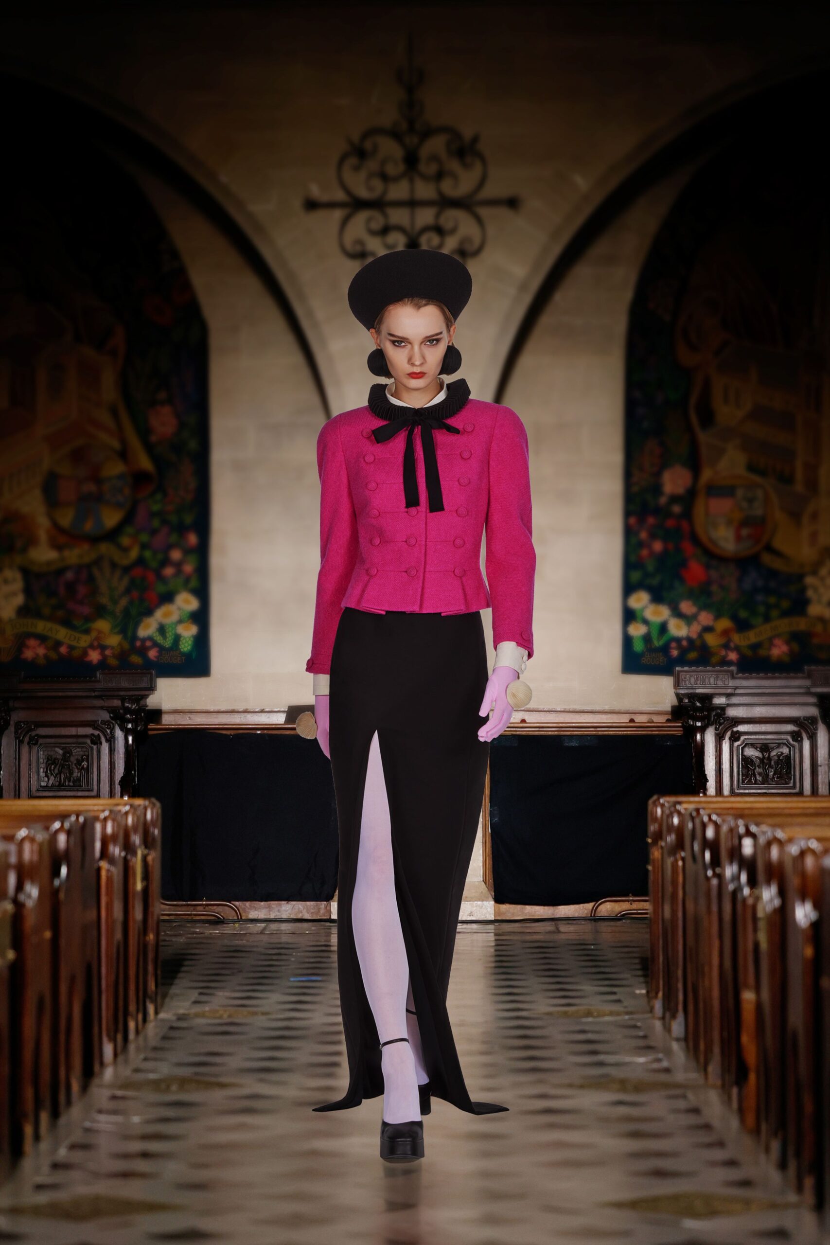 pink wool long-sleeve collared fitted buttoned blazer