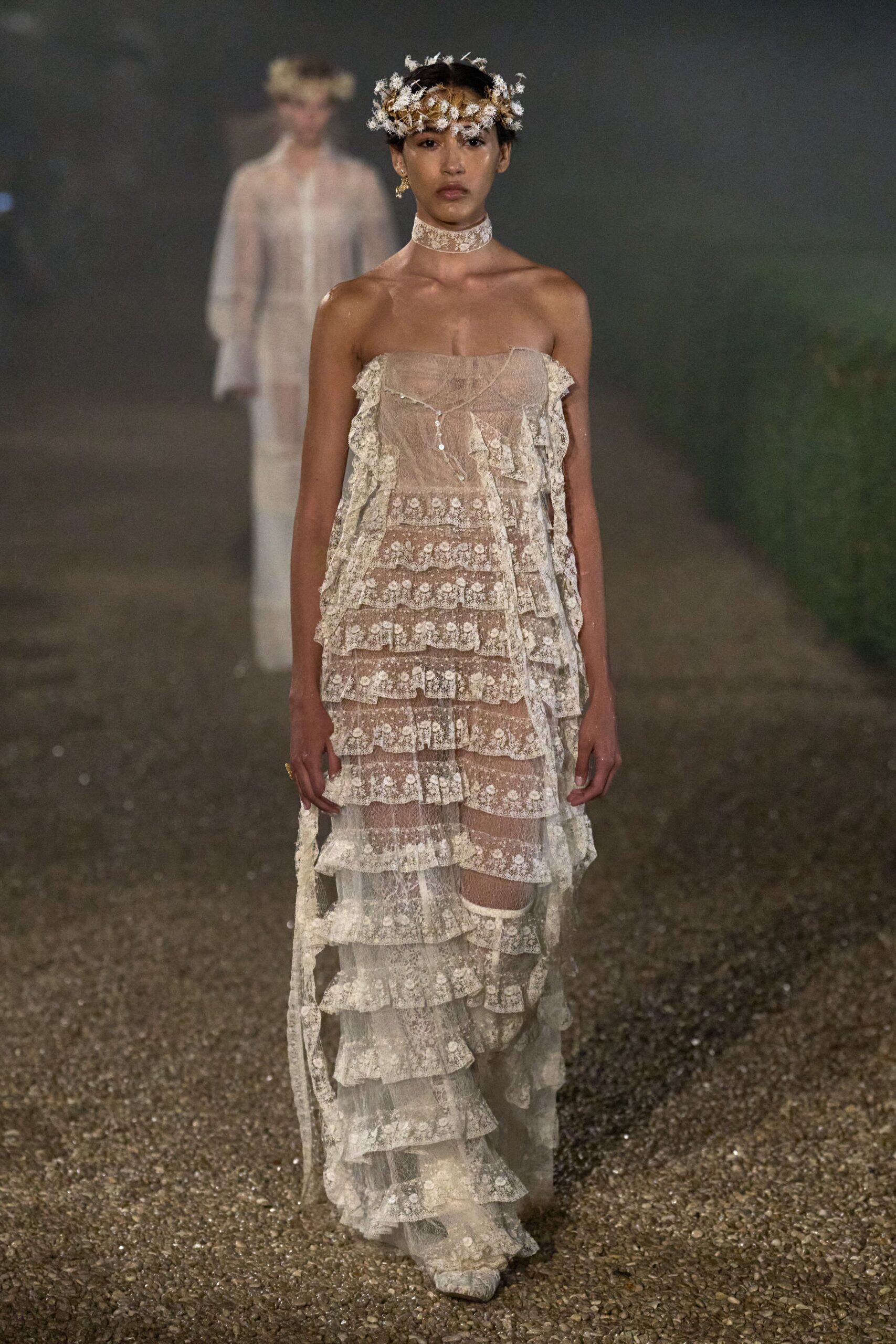 white lace strapless gown