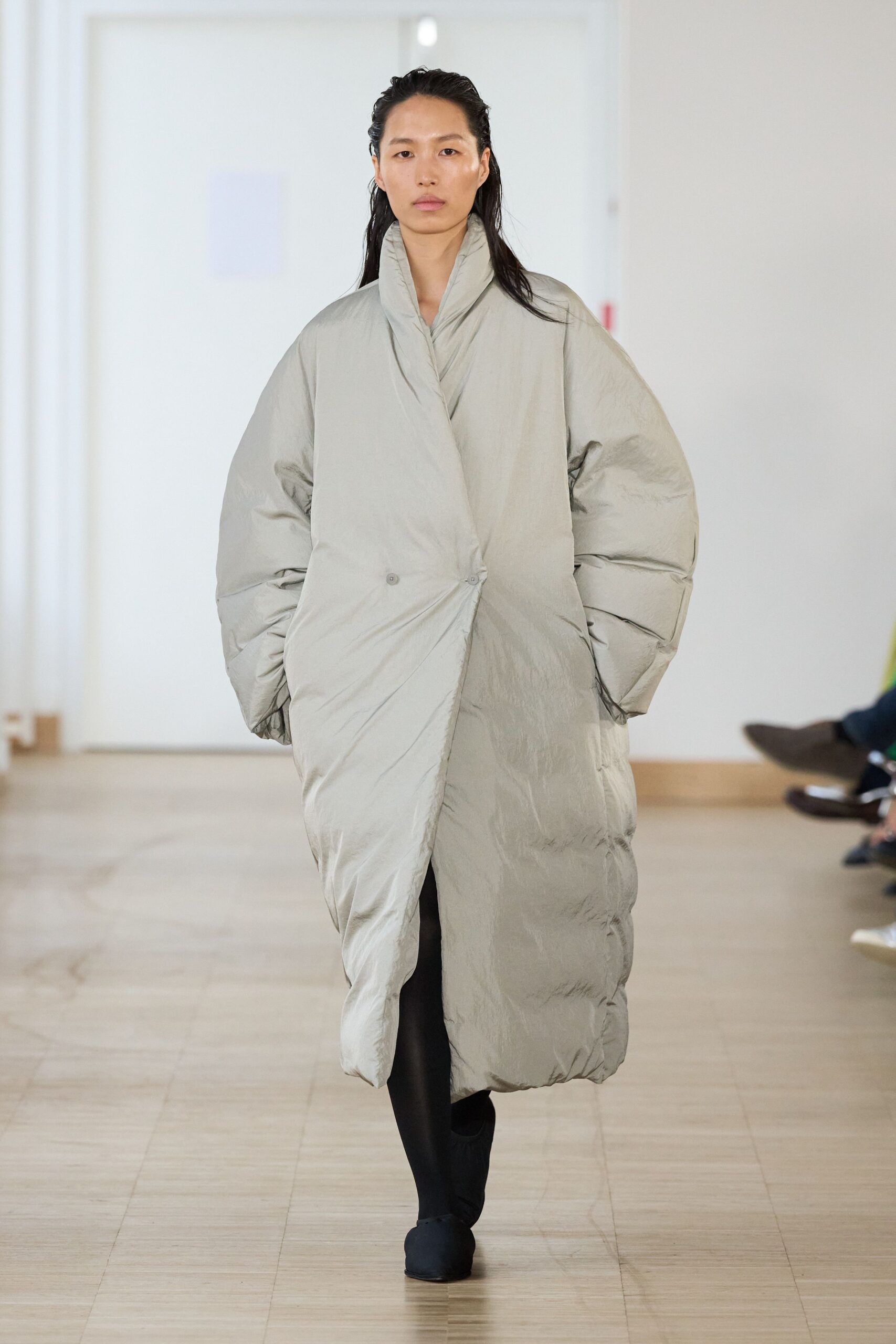 gray jersey long-sleeve collared oversized padded maxi coat