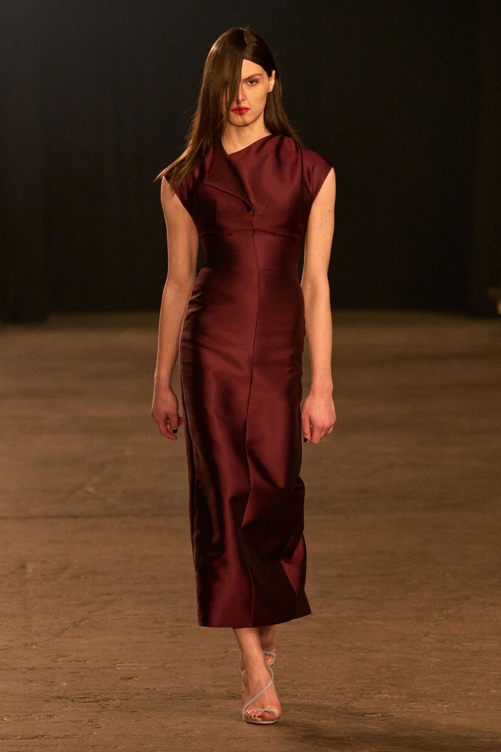 maroon satin fitted gown