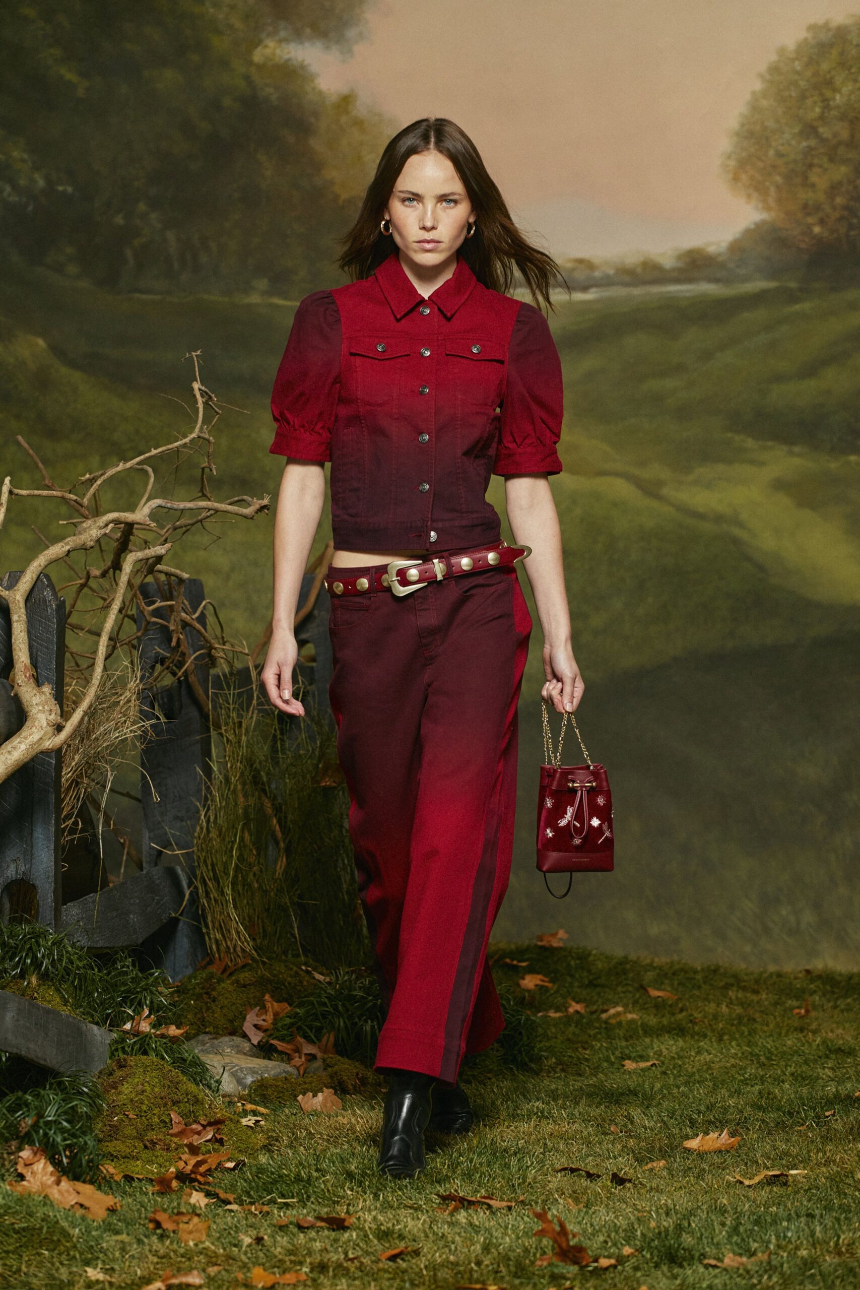 red denim short-sleeve collared fitted buttoned shirt