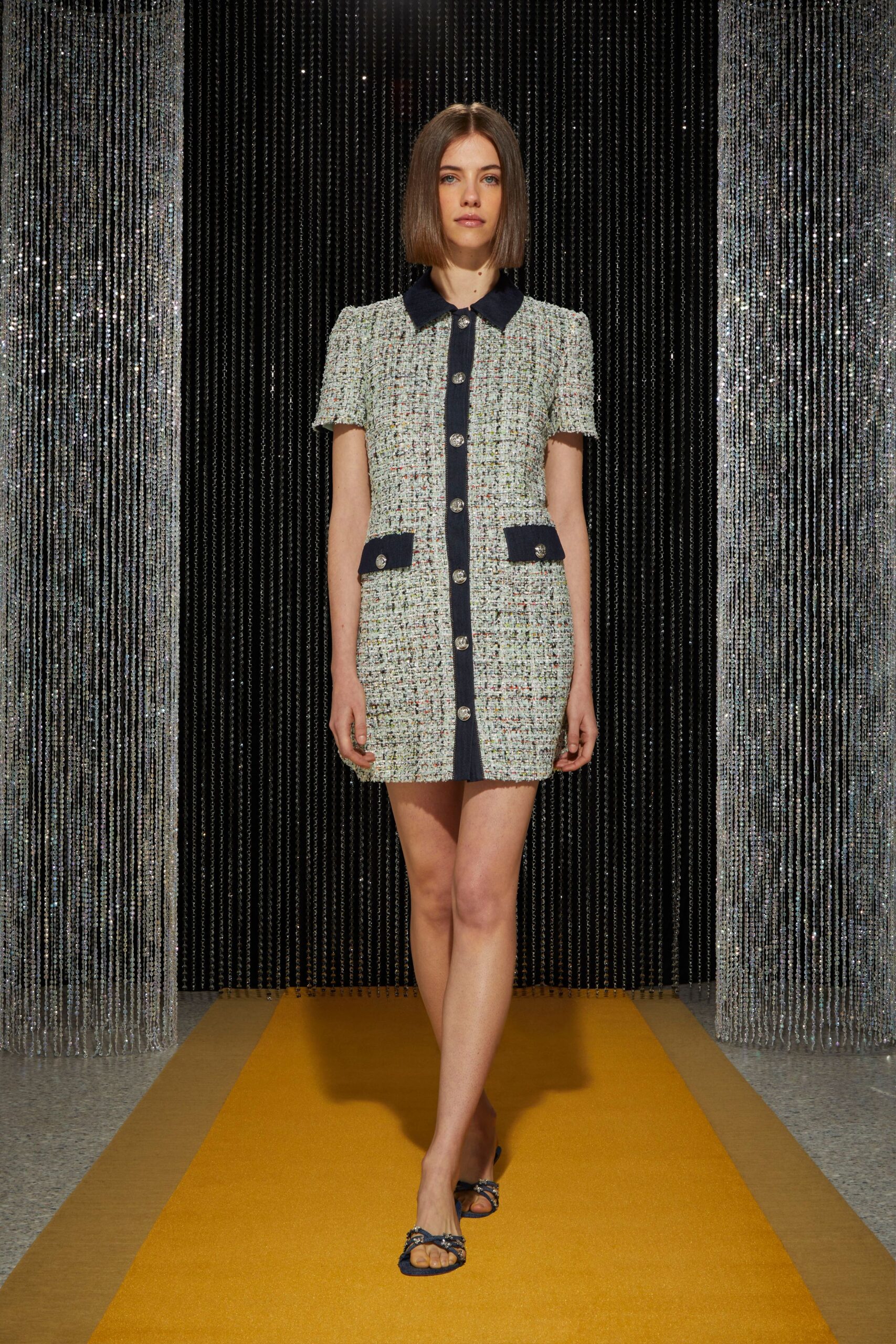 multi tweed short-sleeve collared fitted buttoned pockets dress