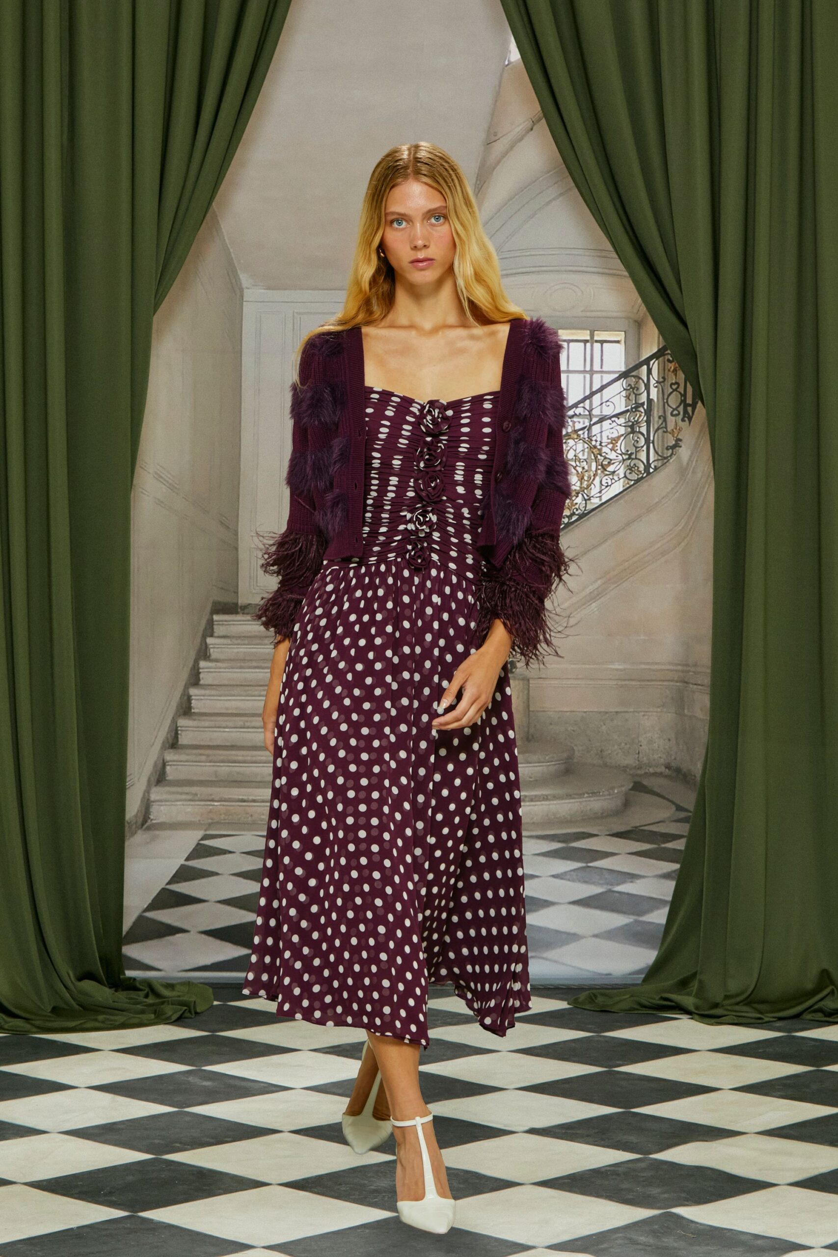 purple polka-dot midi dress with fringed jacket