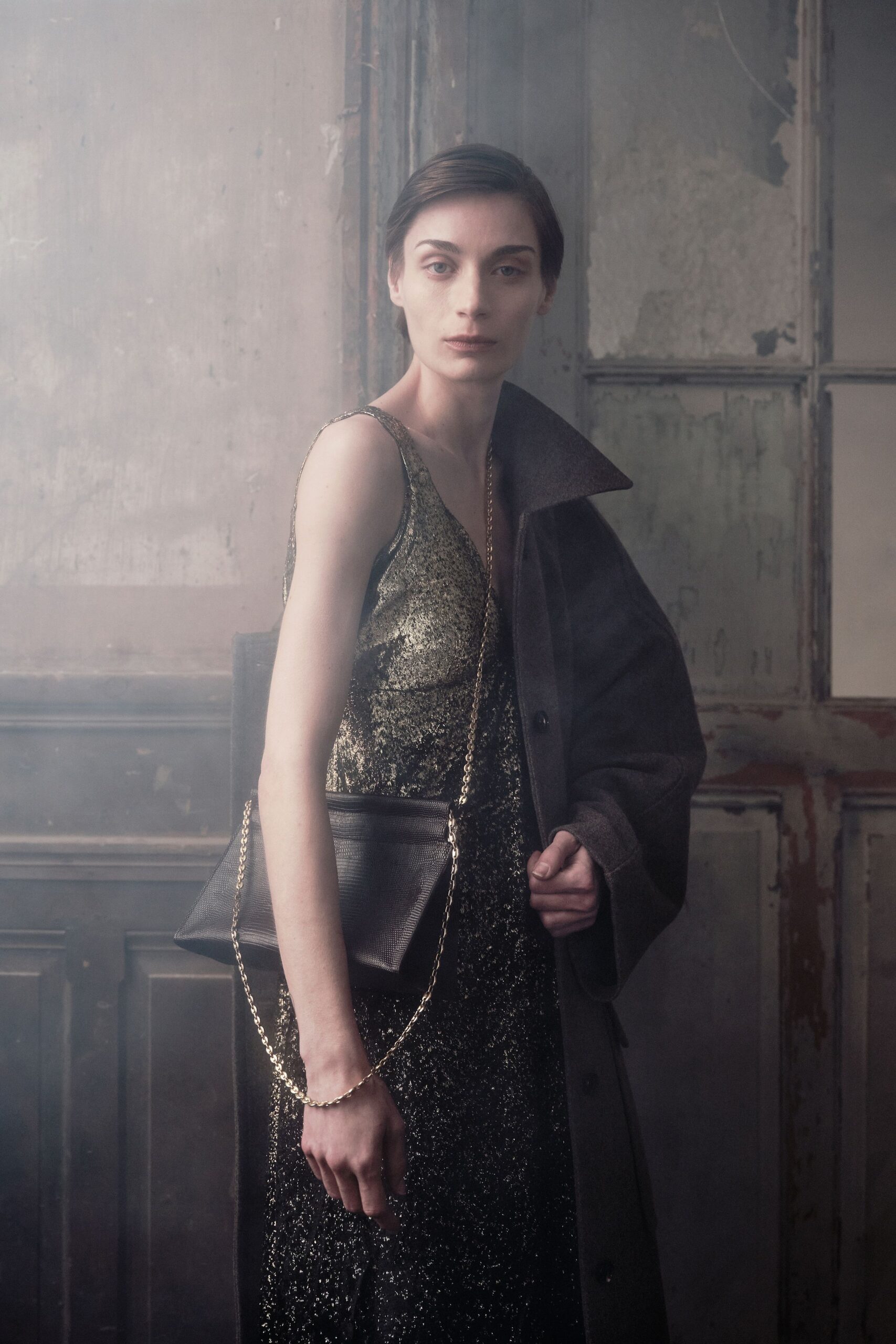 gold silk sleeveless v-neck fitted sequined shiny dress