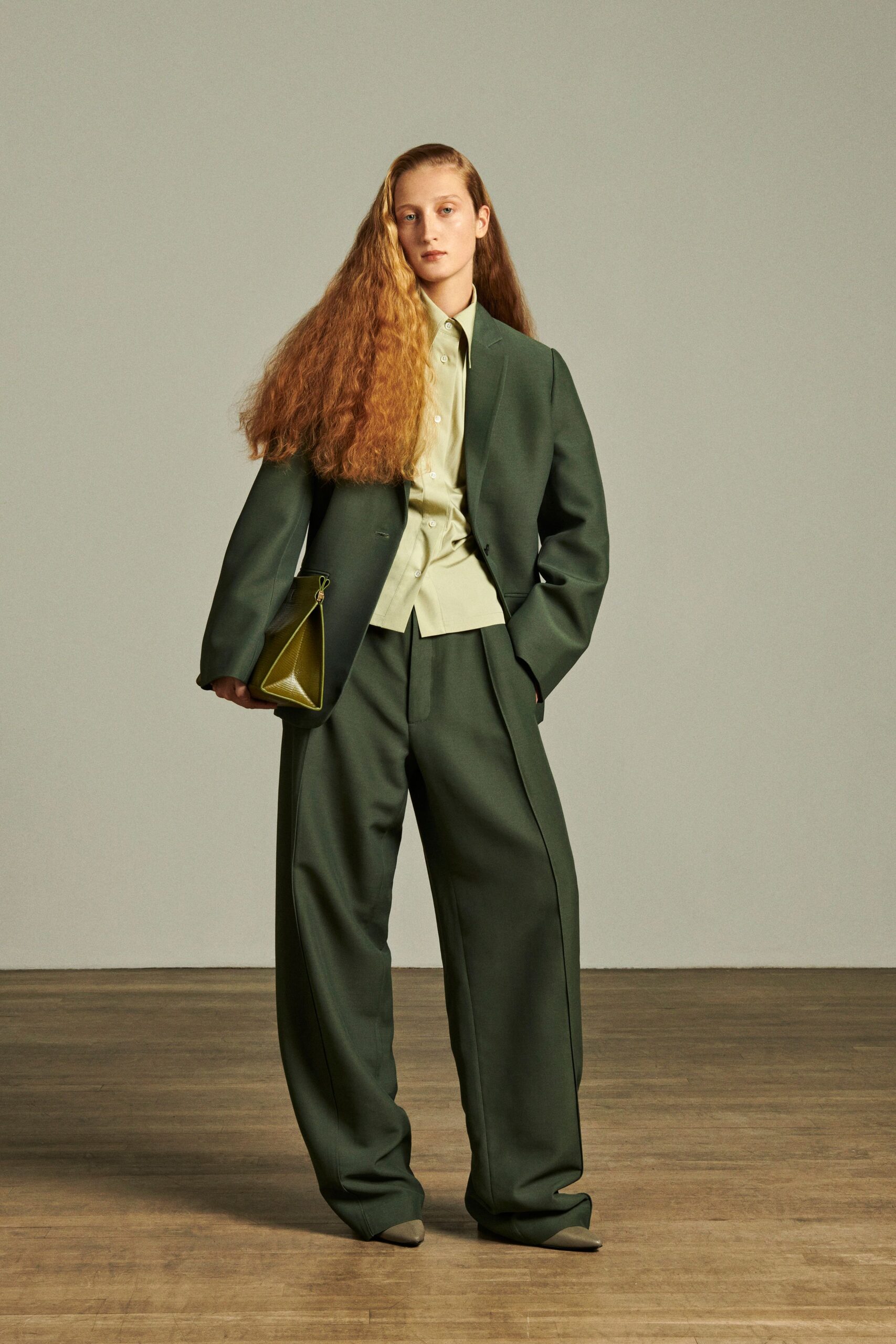 green wool relaxed wide-leg pants