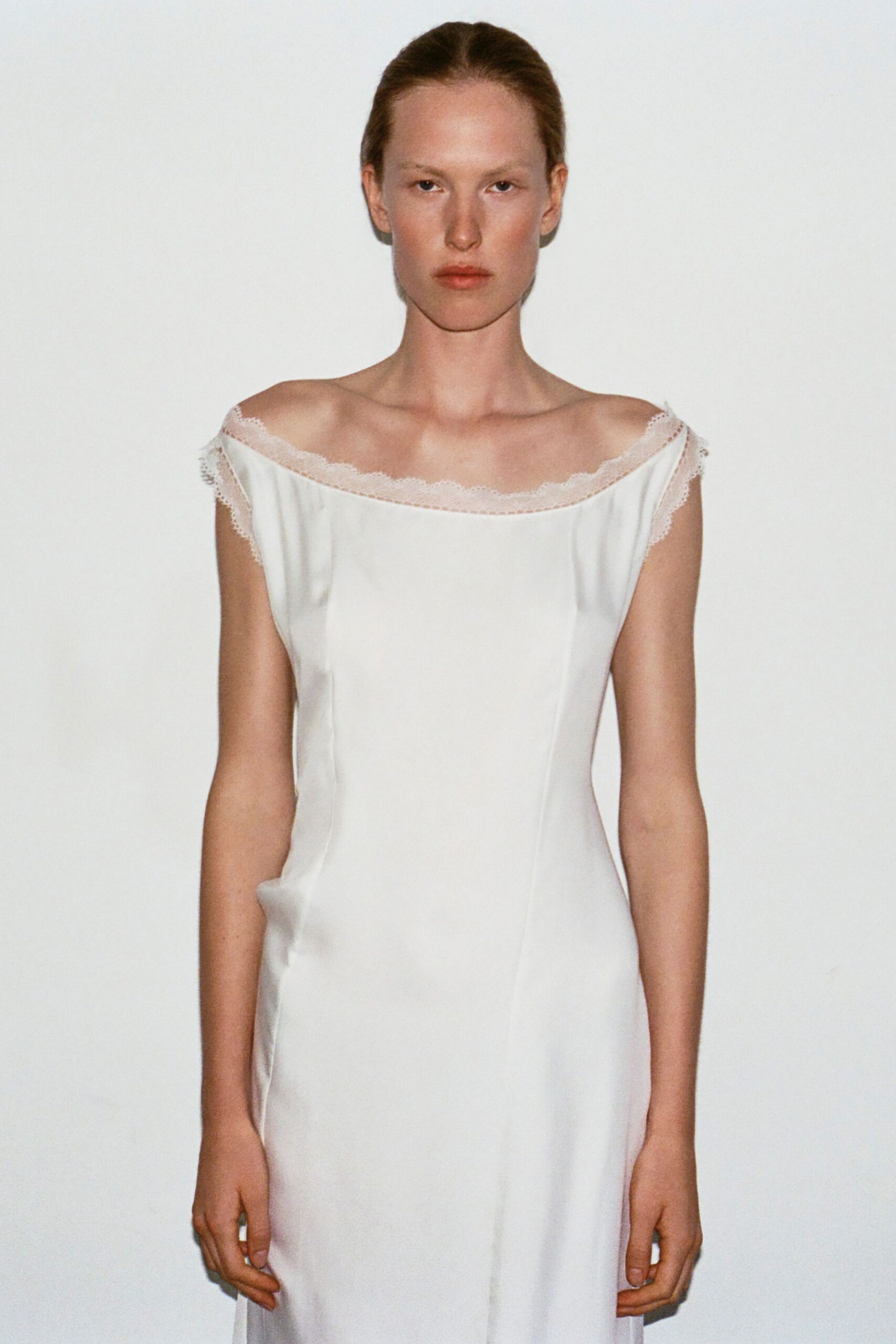 white silk off-shoulder dress