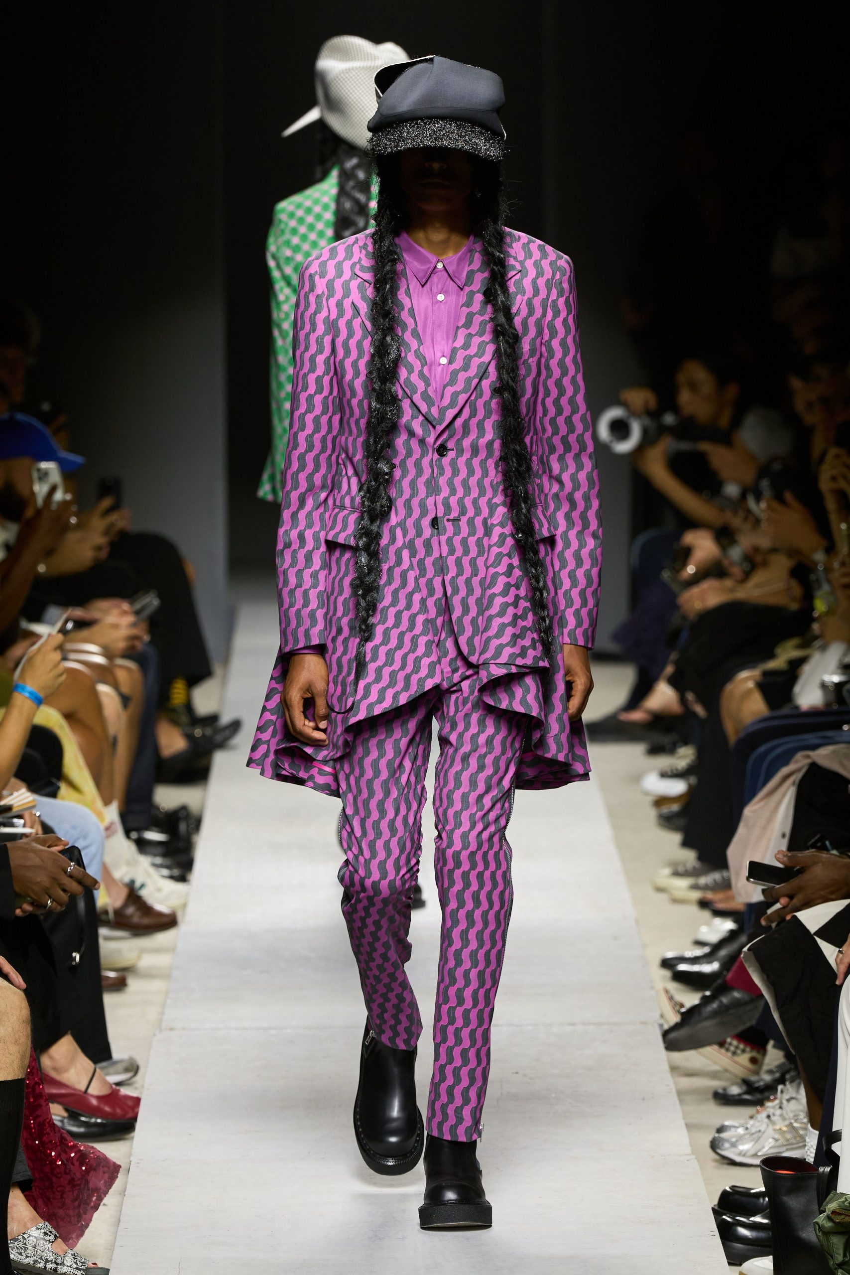 pink long-sleeve collared tailored checked suit