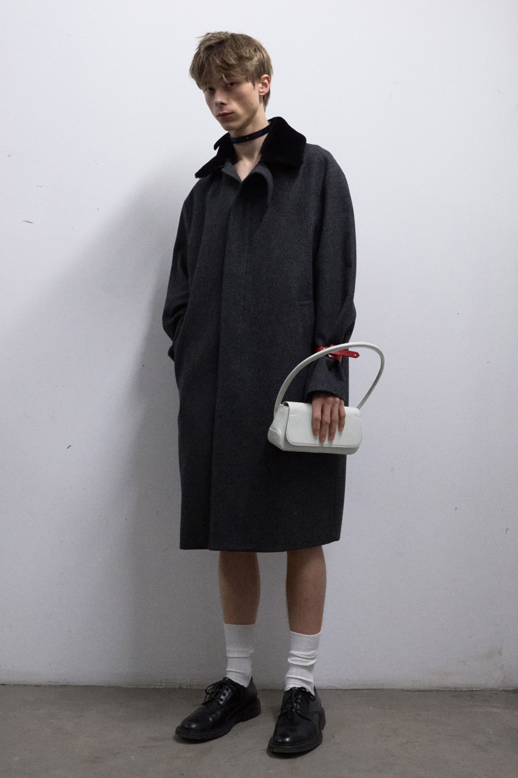 gray wool long-sleeve collared relaxed buttoned midi coat