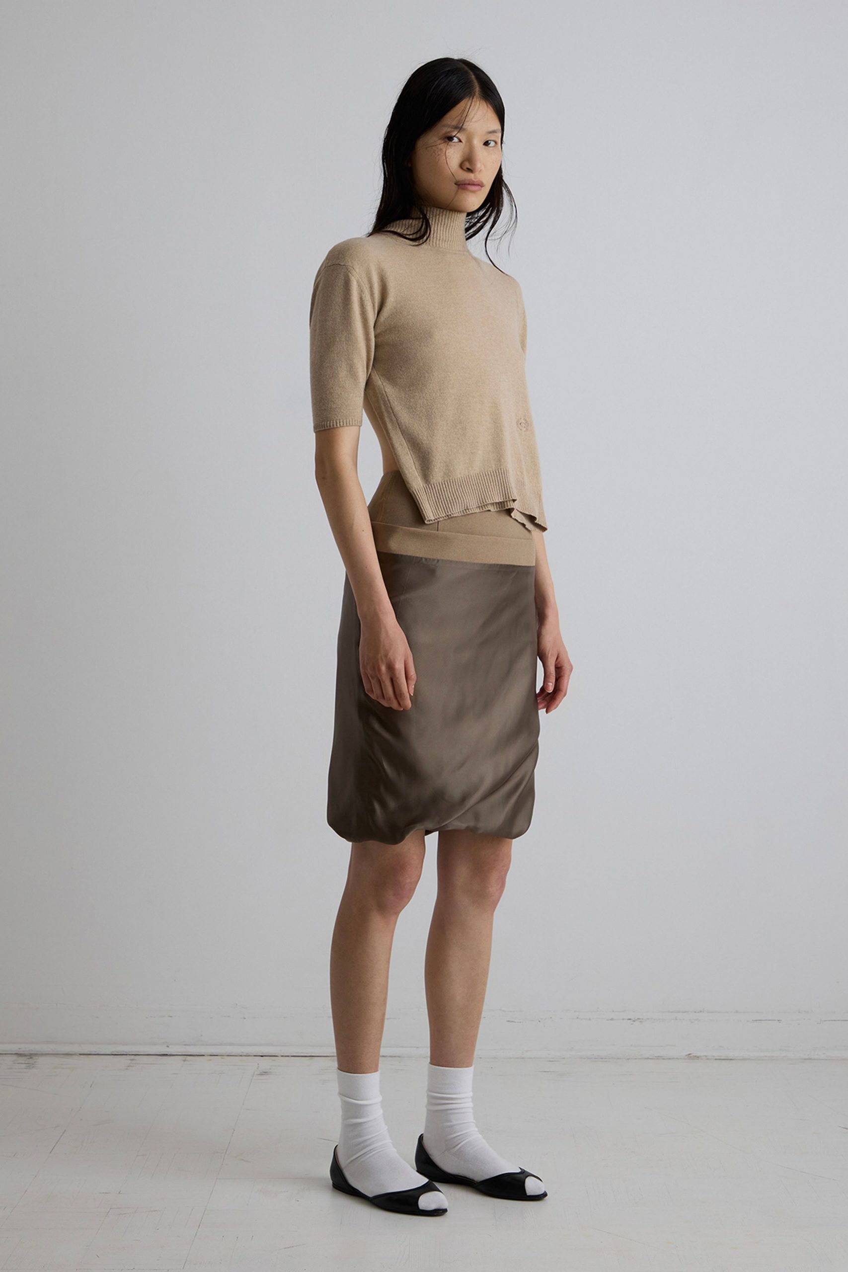 beige wool top with brown skirt