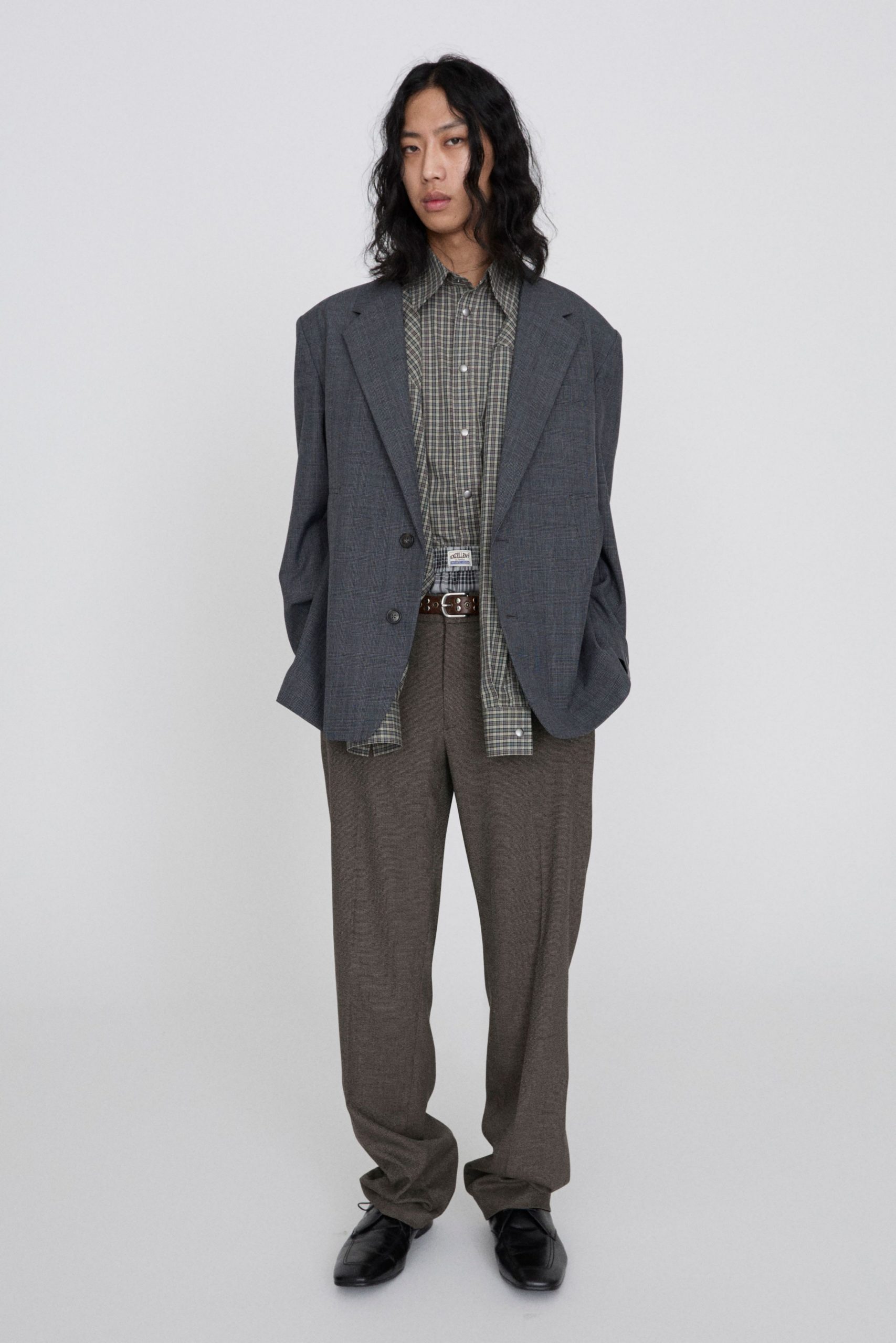gray oversized blazer with checked shirt
