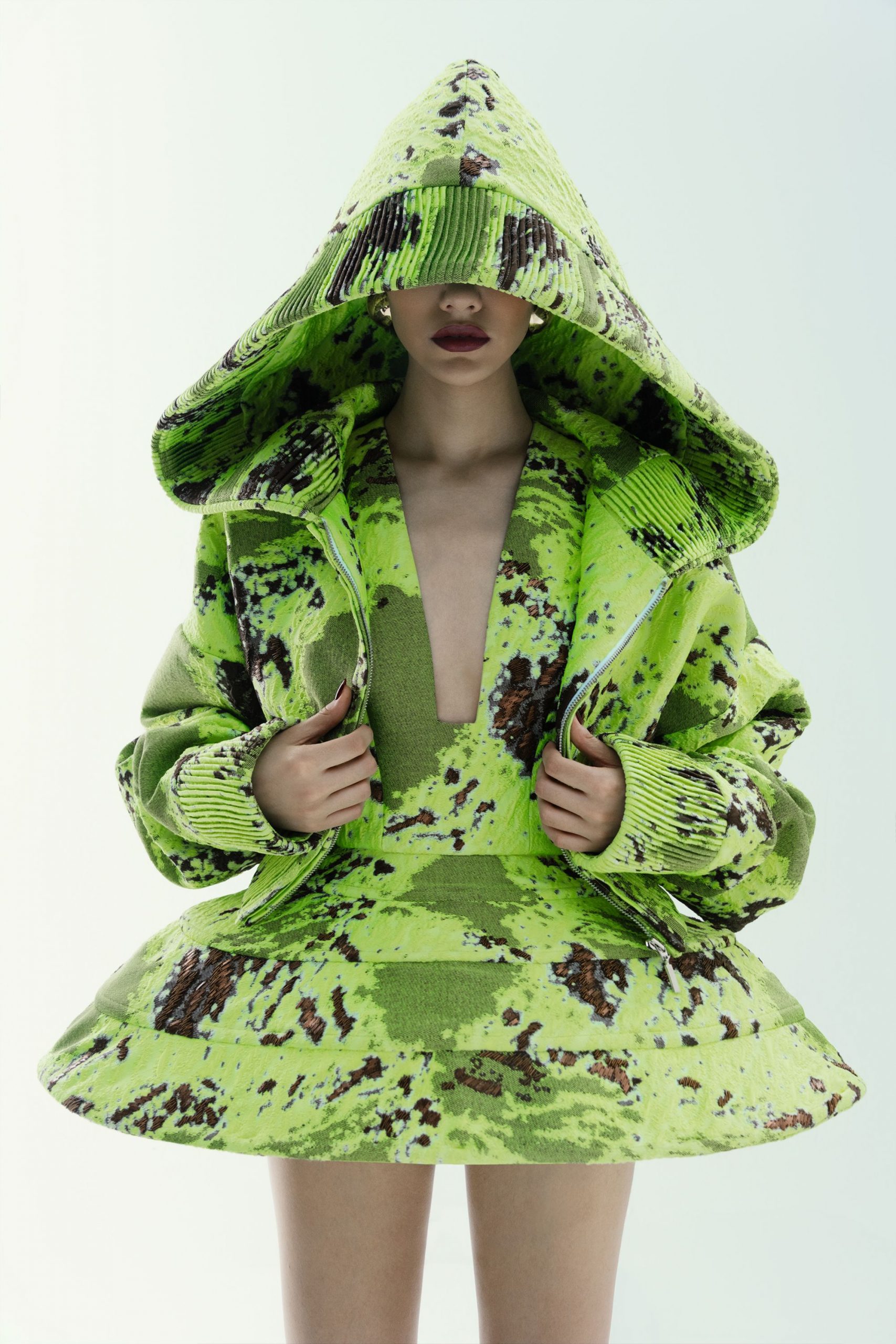 green cotton long-sleeve hooded oversized printed jacket