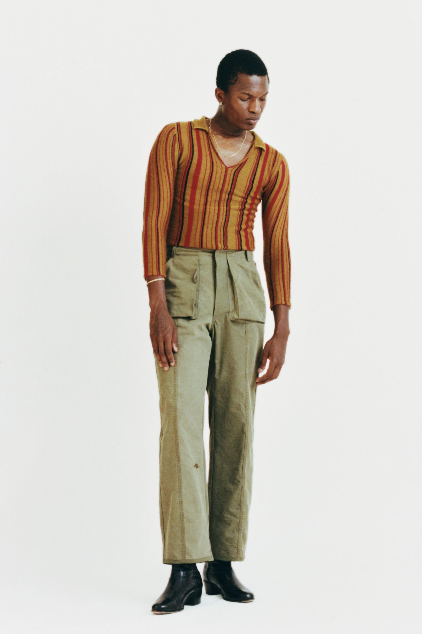 fitted striped top with relaxed pants