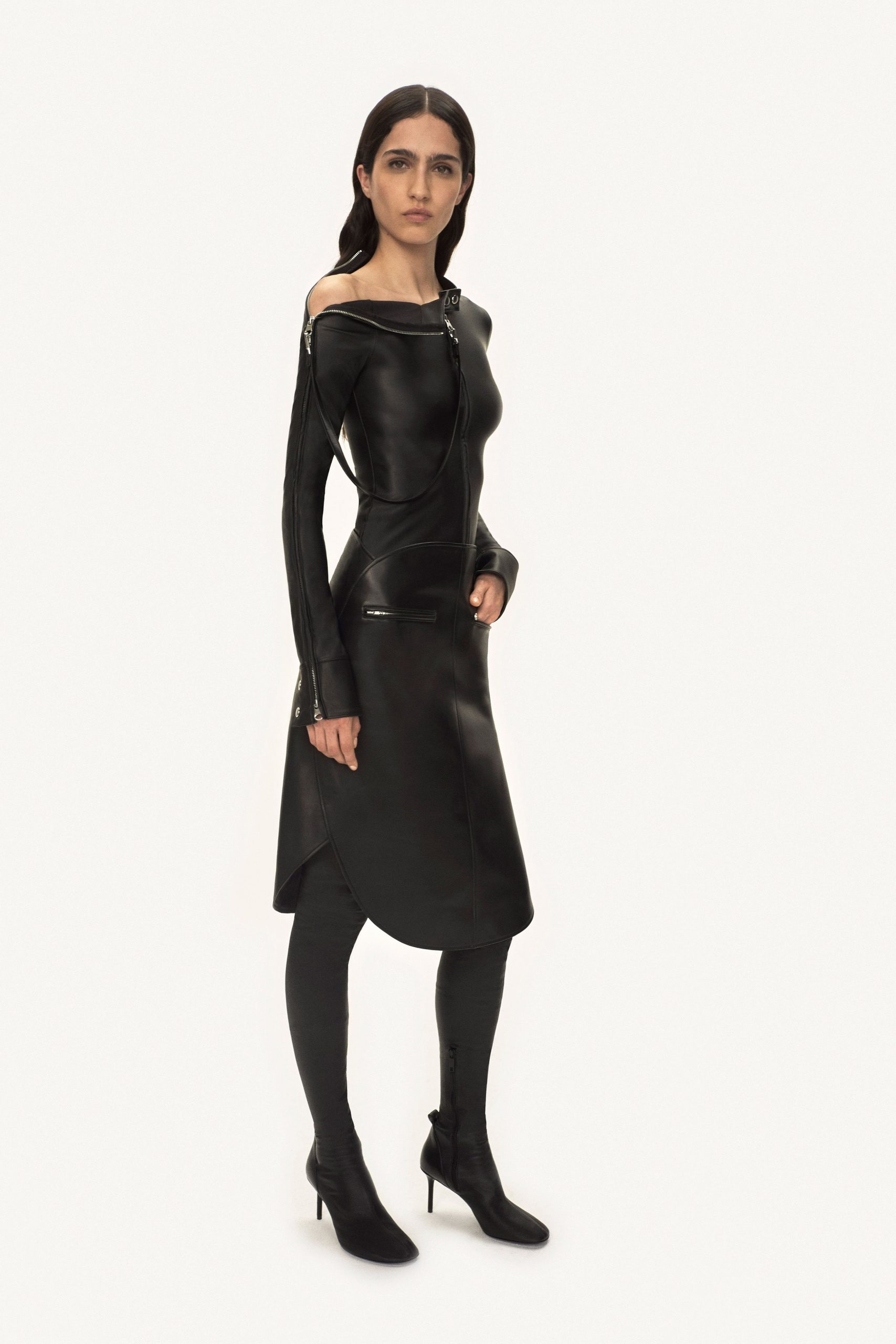 black leather off-shoulder dress with boots