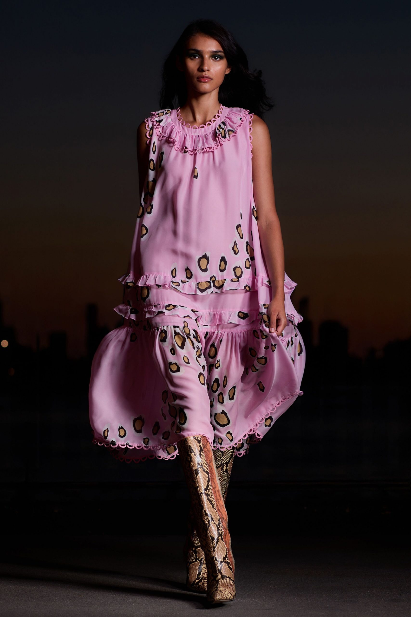 pink silk sleeveless relaxed ruffled layered flowing dress