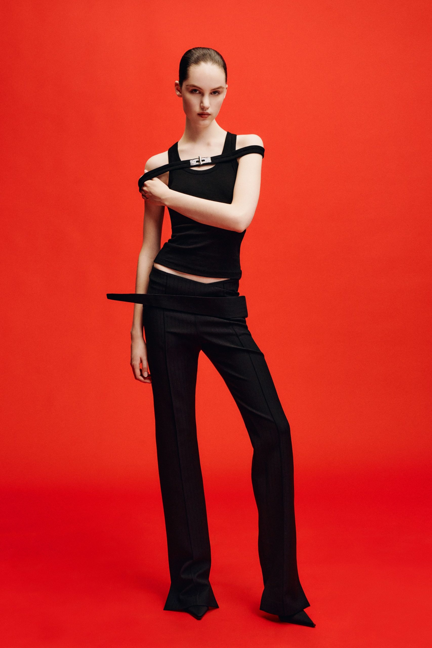 black fitted top and pants
