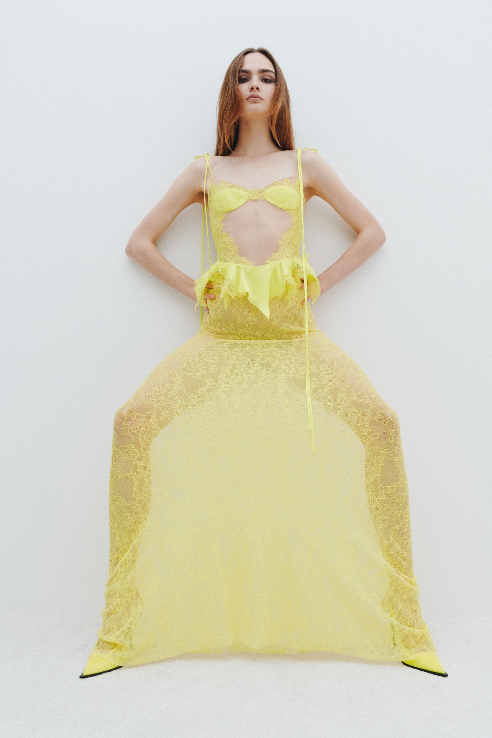 yellow lace fitted maxi dress