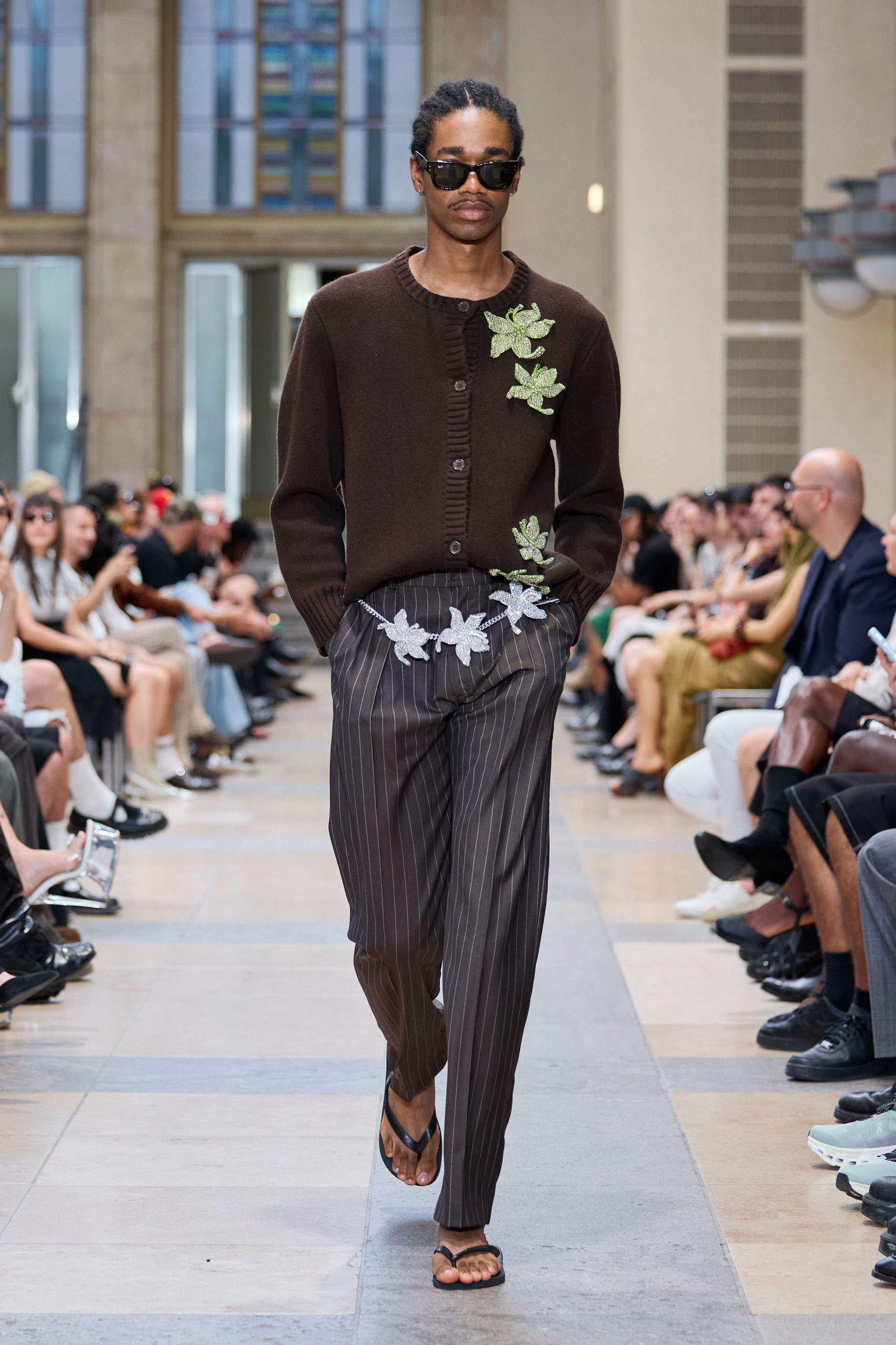 brown cardigan gray striped pants
