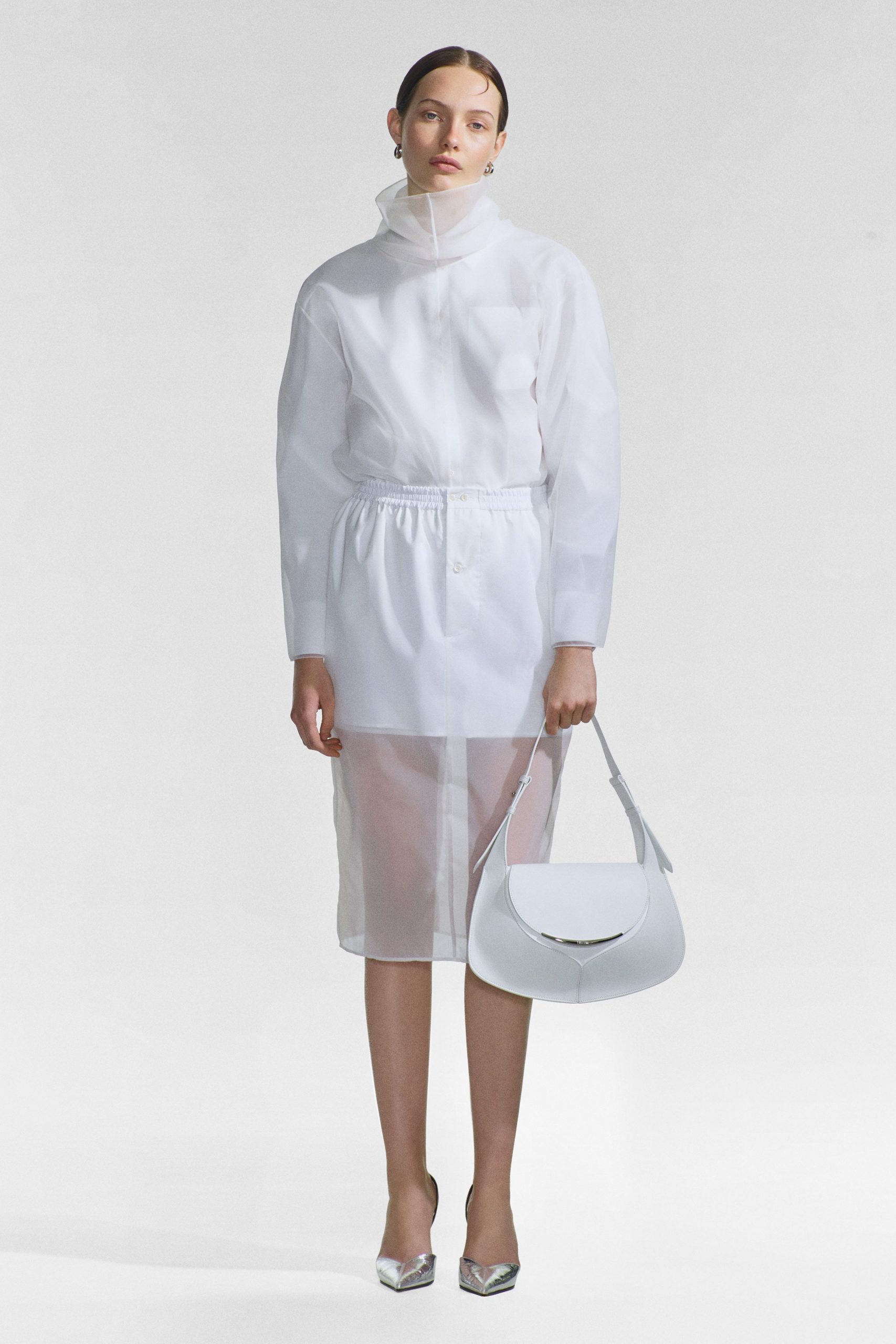 white chiffon long-sleeve collared relaxed layered sheer dress
