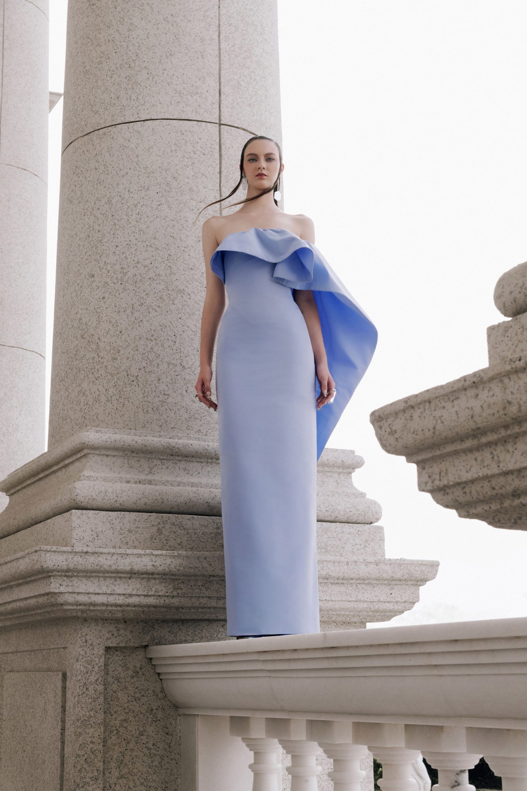 blue silk strapless gown