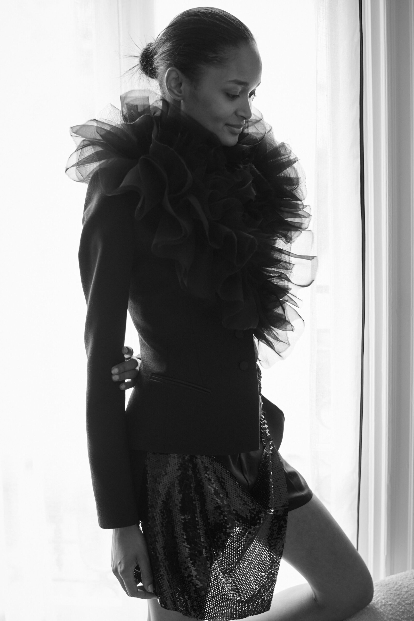black ruffled high-neck blazer