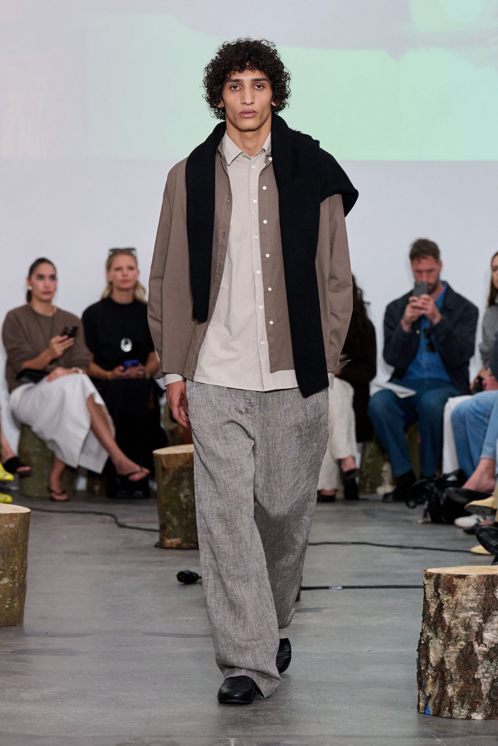 beige relaxed shirt gray pants