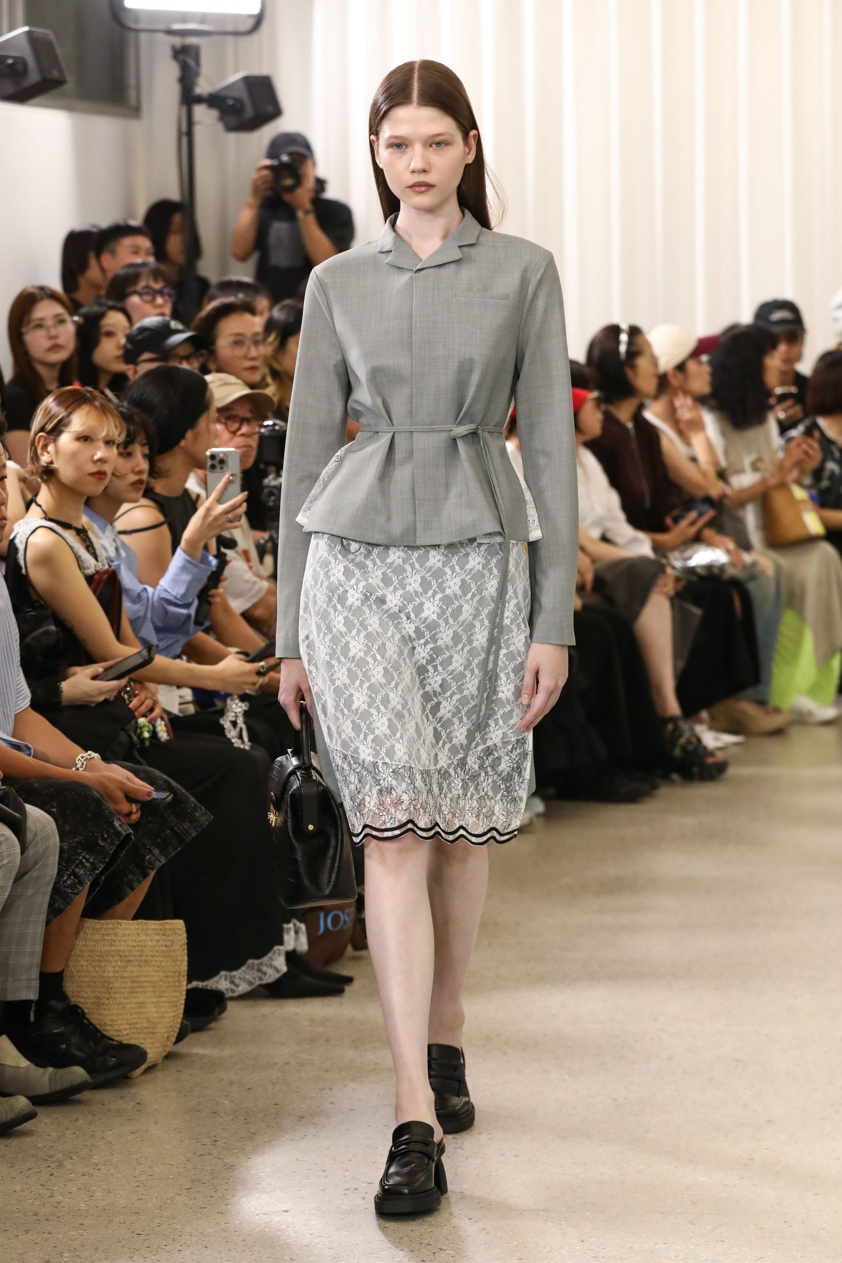 gray fitted blazer with lace skirt