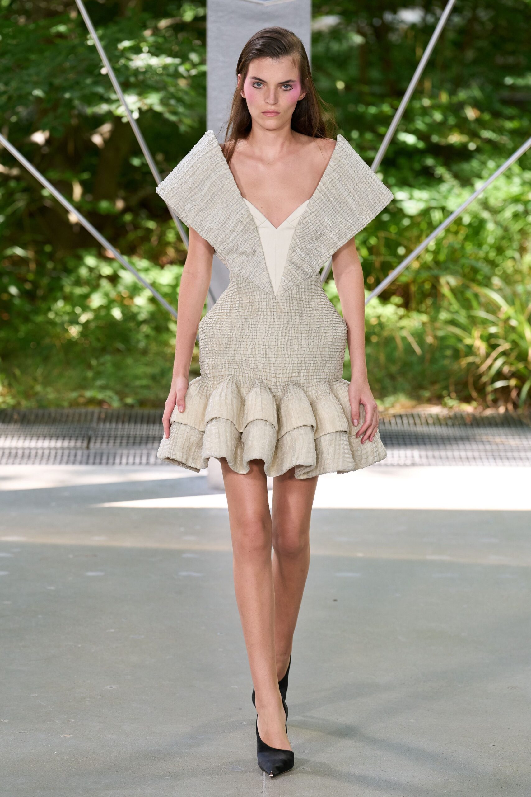 beige cotton sleeveless v-neck fitted ruffled tiered dress