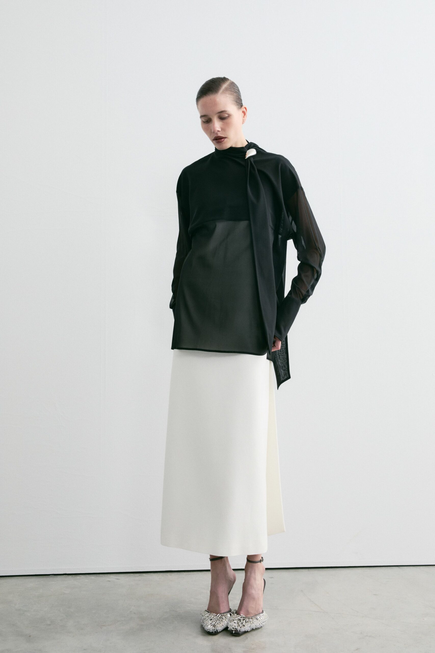black chiffon long-sleeve high-neck relaxed draped layered blouse