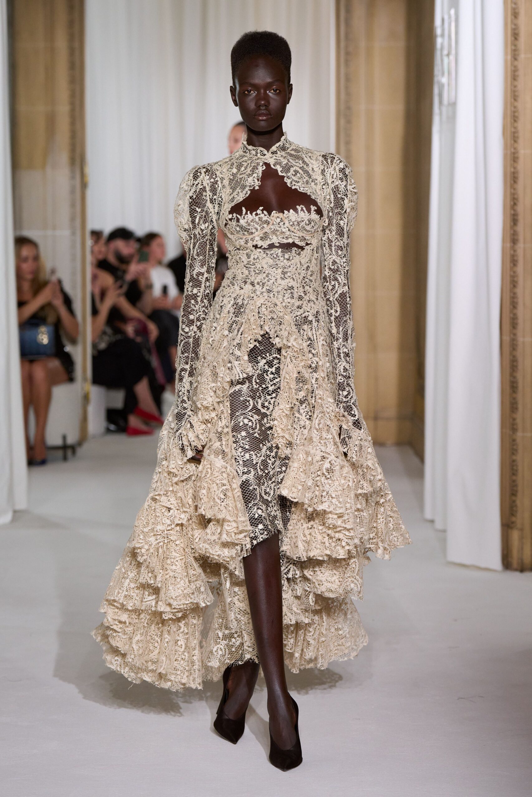 beige lace long-sleeve v-neck fitted ruffled embroidered gown