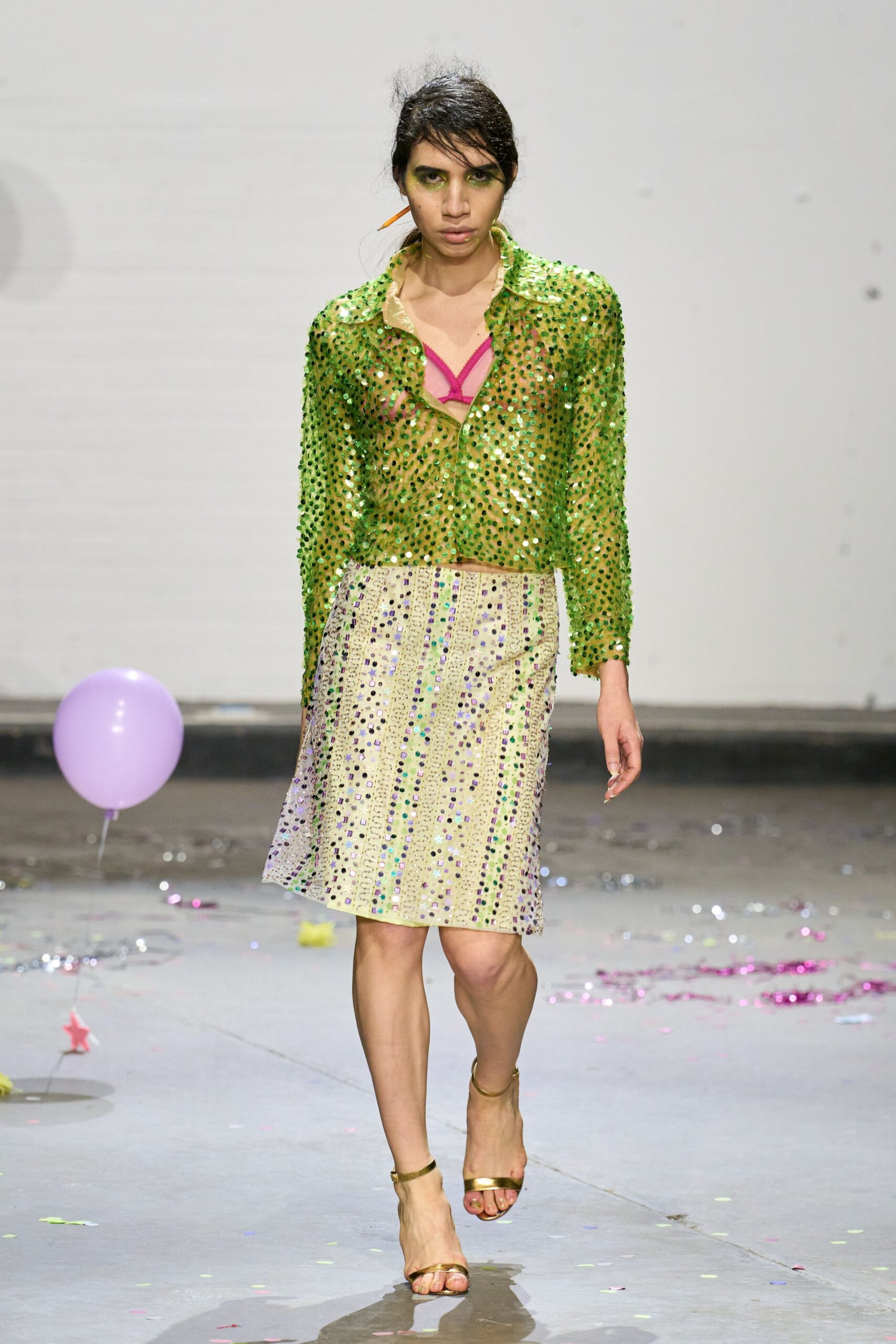green sequin long-sleeve collared fitted layered shiny top