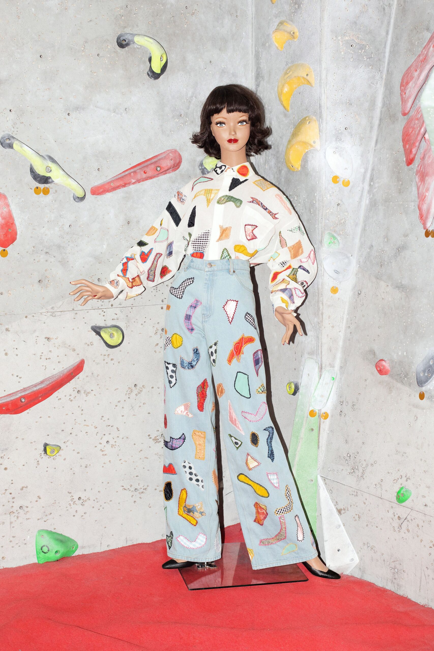 blue denim relaxed wide-leg printed pants