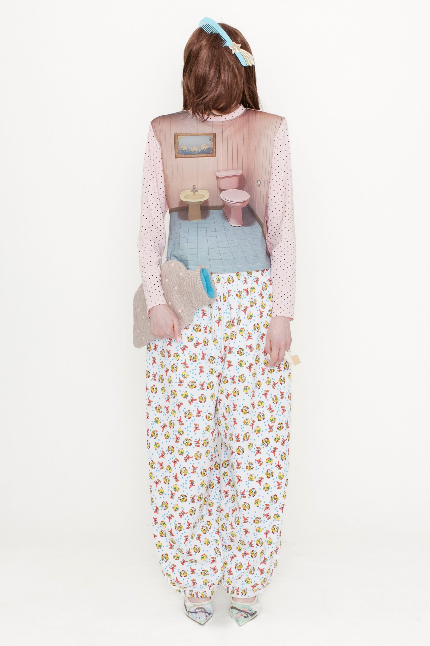 pink polka-dot top with floral pants
