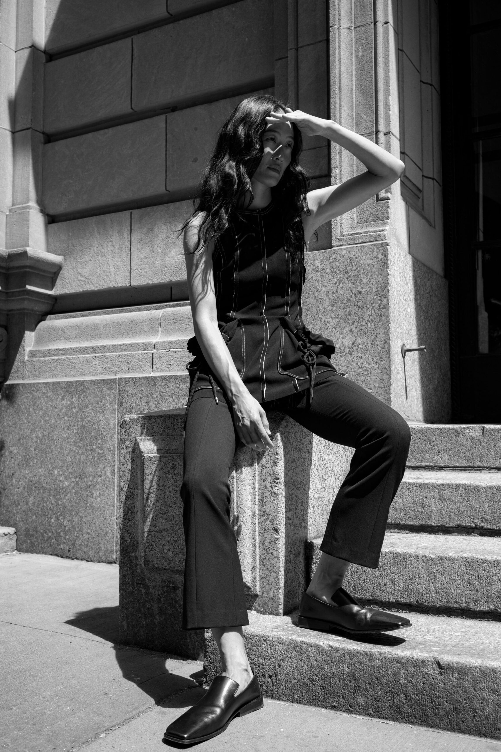 black fitted top and pants