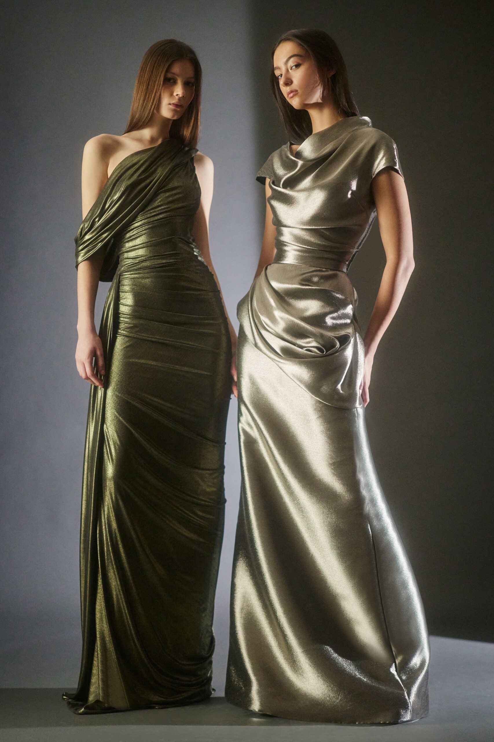 green silk sleeveless off-shoulder fitted draped shiny gown